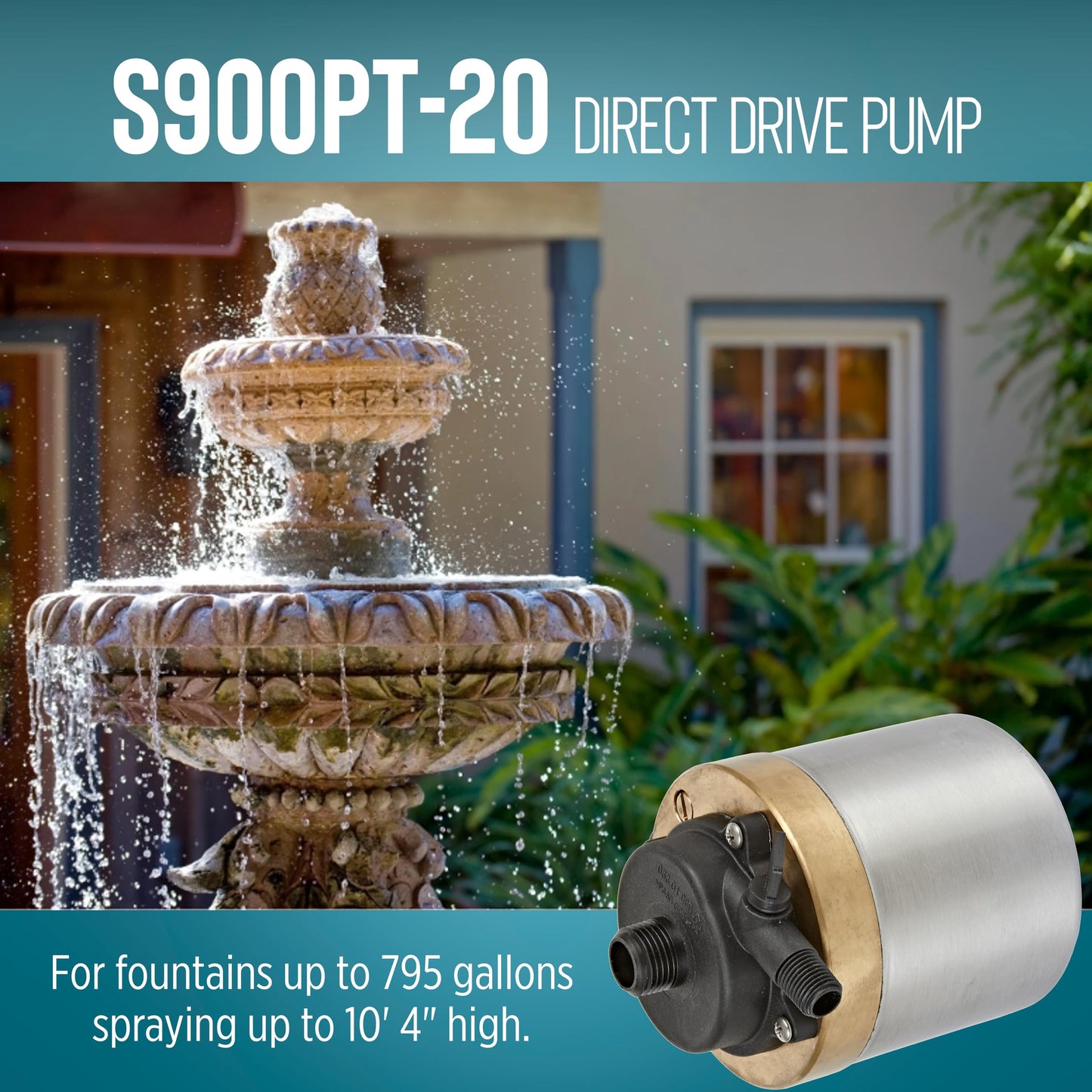 Little Giant S900PT-20 115 Volt, 795 GPH Oil-less Stainless Steel and Bronze Direct Drive Pump for Fresh or Salt Water Ponds or Fountains, Steel, 517100003