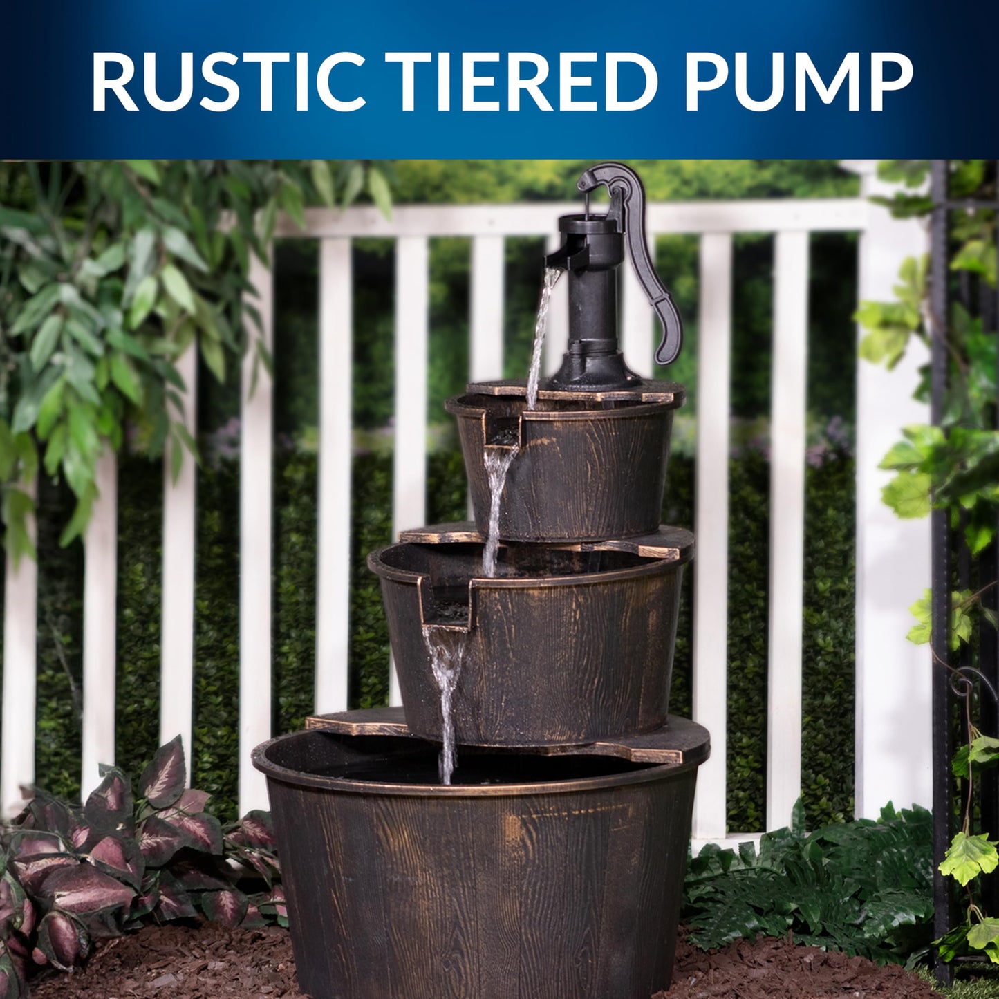 Alpine Corporation 40" Tall Outdoor Floor Tiered Rustic Pump and Barrel Water Fountain, Old-Fashioned Waterfall for Garden, Patio, Yard Decor, Dark Brown
