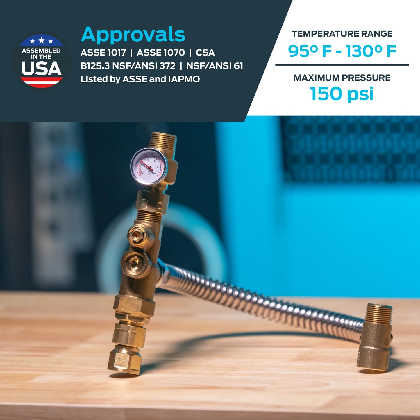 Cash Acme 3/4 Inch Tank Booster Water Heater Thermostatic Mixing Valve with Temperature Gauge and Corrugated Hose, PEX Pipe, PE-RT, CPVC, Copper, 24643