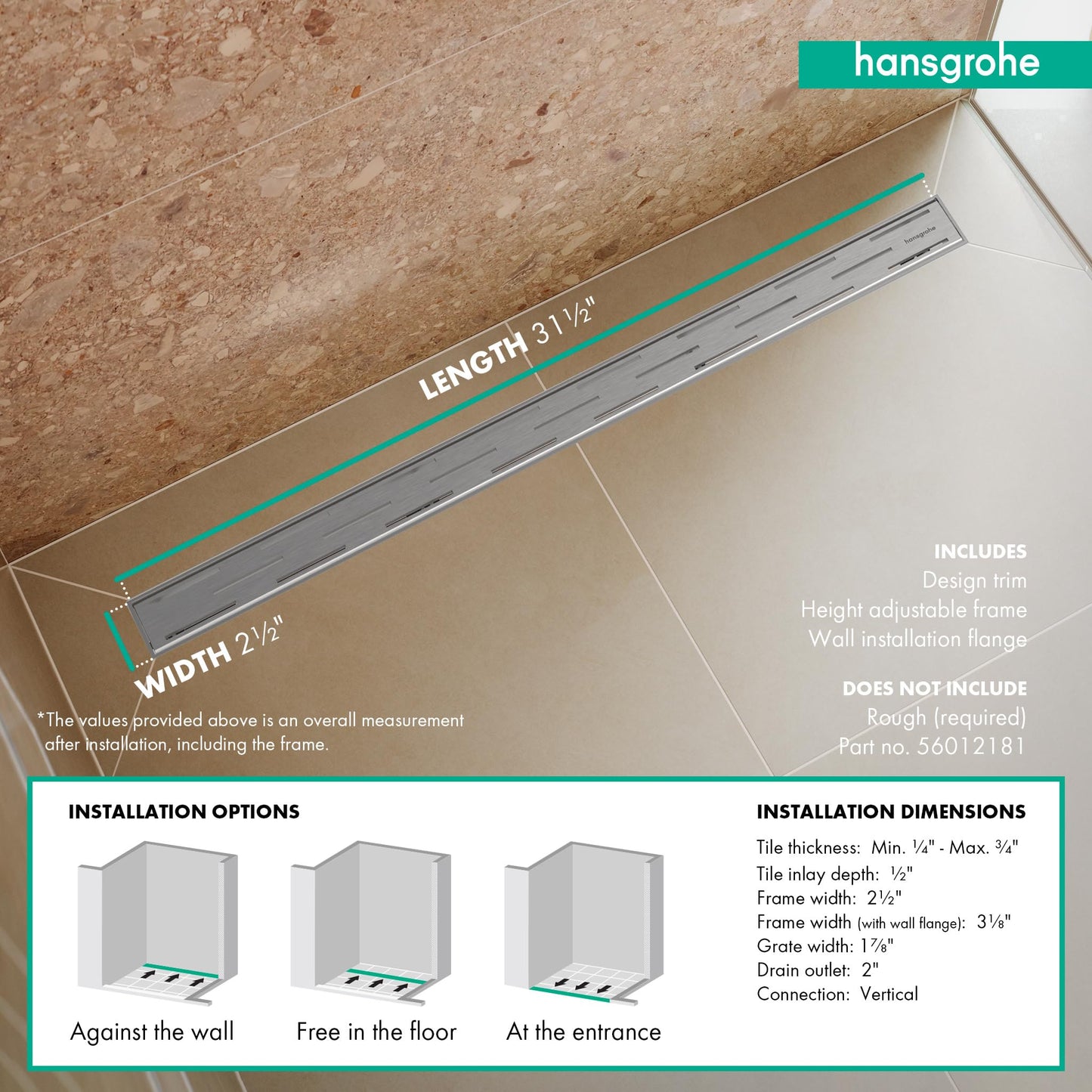 hansgrohe RainDrain Match Classic Linear Shower Drain for 31 1/2" Rough with Height Adjustable Frame in Brushed Stainless Steel, Stainless Steel Rectangle Shower Floor Drain