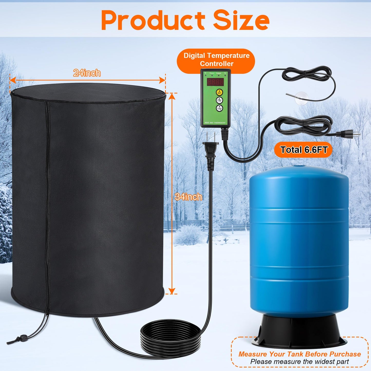 Aurelema Well Pressure Tank Heater Cover with Thermostat, Outdoor Insulated Heating Jacket with Temperature Controller and LED Display, Freeze Protection for Winter Water System (24" Diameter X 34" H)