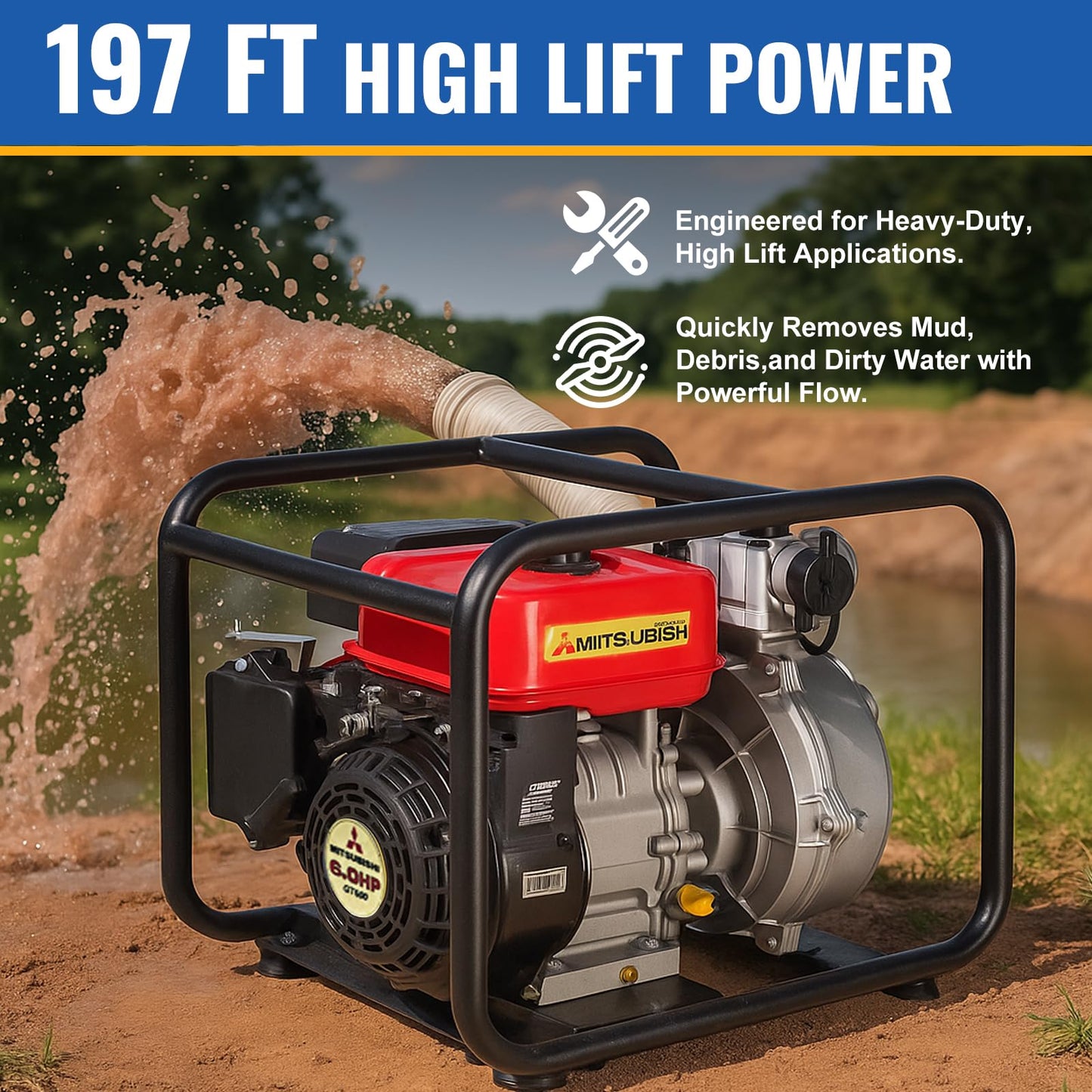 TOOLCY Trash Pump 2 inch with 6HP 181cc 132GPM 4-Cycle Gasoline Engine, Gas Powered Water Triple Outlet (2"/1.5"), Commercial Water Transfer Pump for Long-Distance Irrigation & Sprinkler Systems