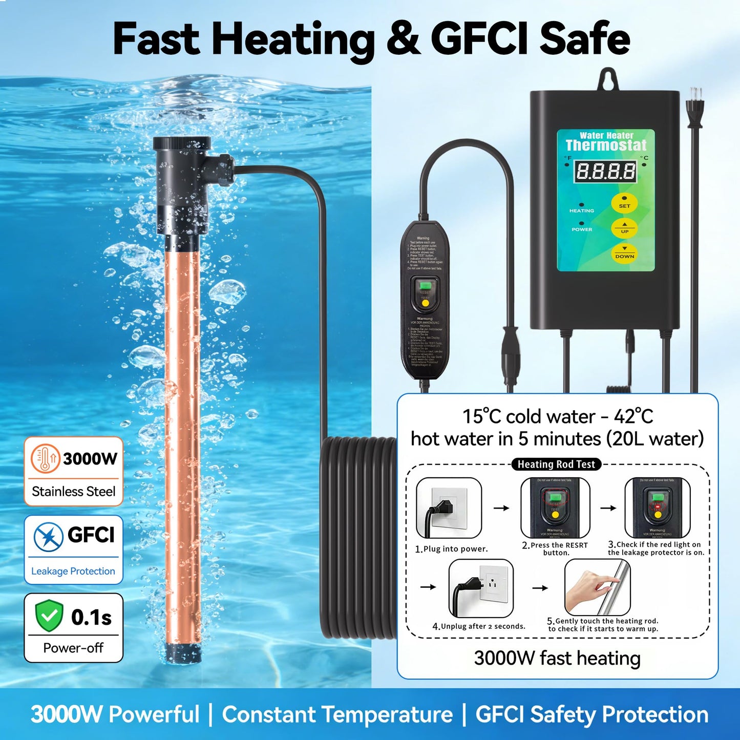 3000W Immersion Heater for Large Hot Tub & Medium Pool Heater, Submersible Immersion Heater with GFCI & Digital Thermostat, for Large Inflatable Hot Tub, Medium Above Ground Pool, Large Stock Tank