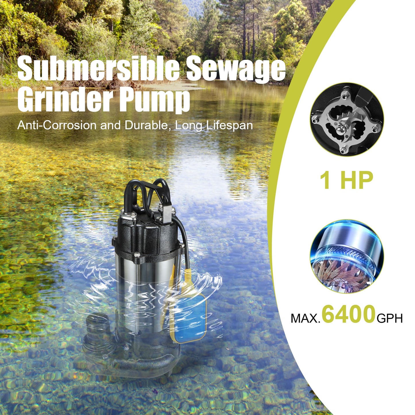 Sewage Grinder Pump, 1HP Submersible Sump Pump, 110V 6400GPH Cast Iron Effluent Pumps with Automatic Float Switch, 2'' NPT Discharge for Basement, Residential Sewage, Sump Basin