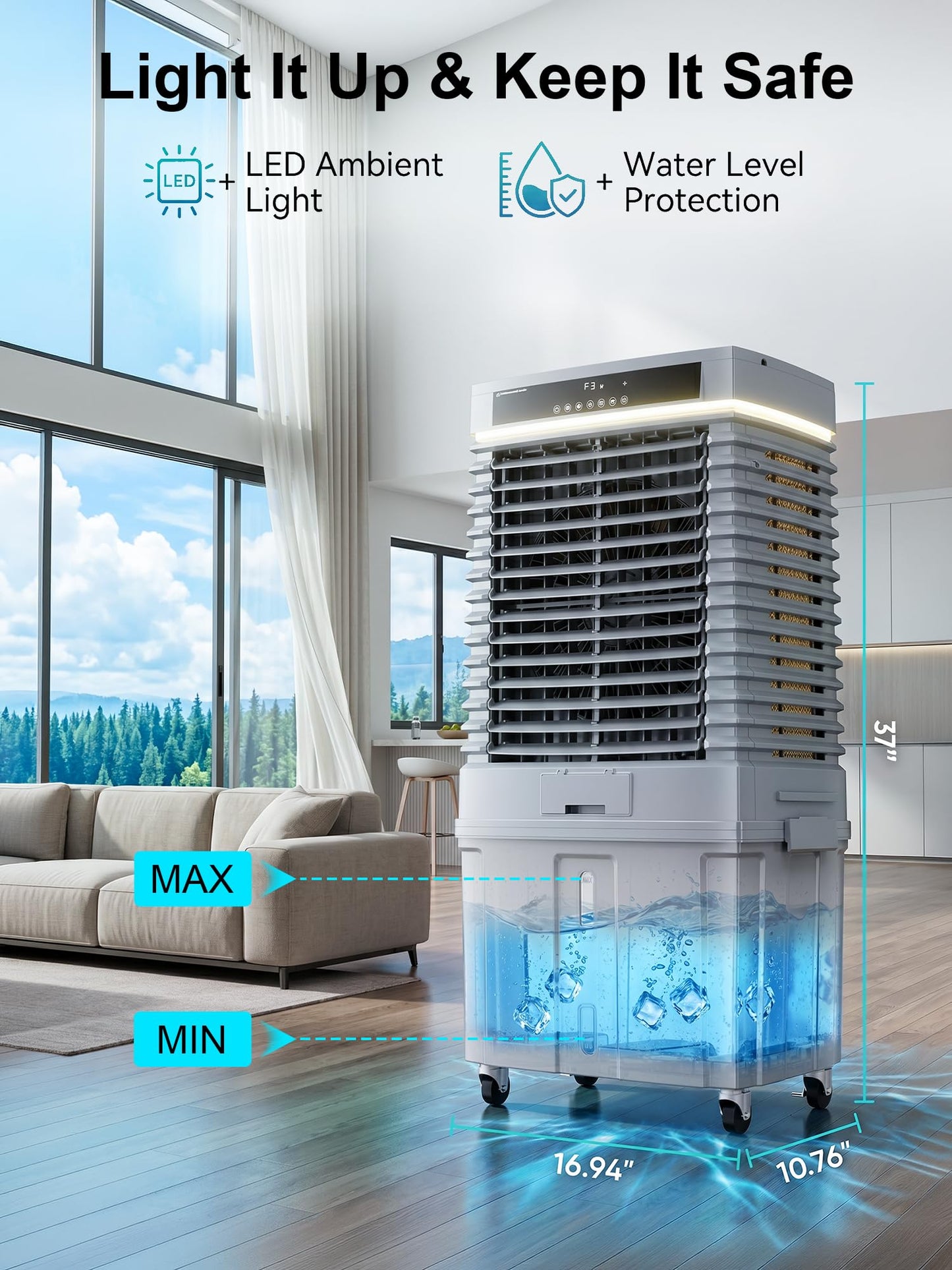 Uthfy 2000CFM Swamp Cooler for Large Room, 37”Evaporative Air Cooler with 8.5Gal Detachable Water Tank, 12H Timer, Ambient Light, 80°Oscillation, Outdoor Air Conditioner for Patio, Garage