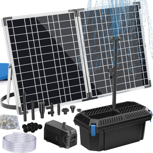 Antfraer 40W Solar Pond Filter with Water Pump, Pond Filter Box with Pond Filter Box, Pond Pump with 6.6ft Clear Tubing for Outdoor Pond Waterfall Garden Fountain Water Feature