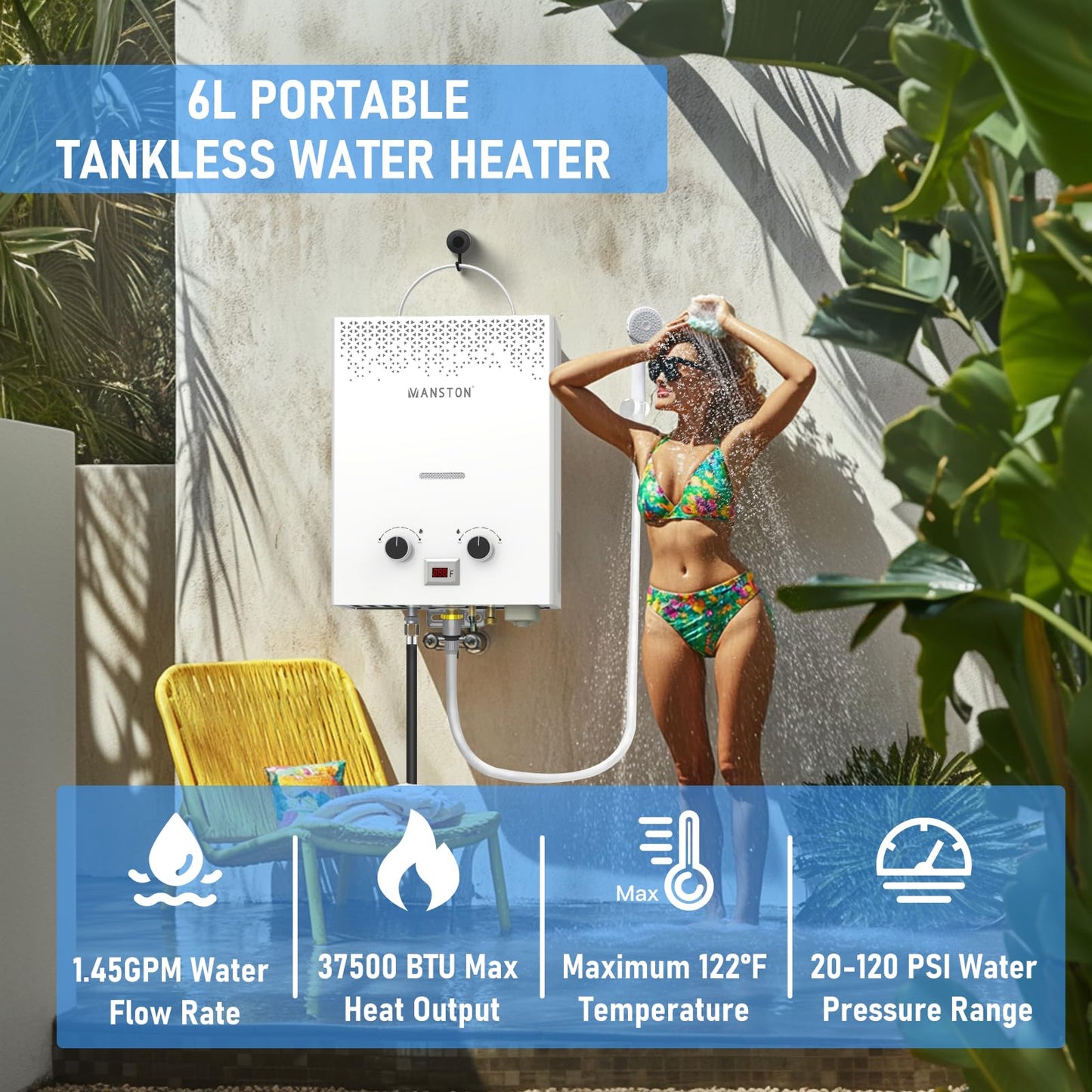 Tankless Water Heater, VANSTON Propane Water Heater Outdoor, 1.45GPM Portable Water Heaters, Instant Hot Water Heaters, Overheat Protection, Easy Installation, Lightweight with Handle for RV, Camping