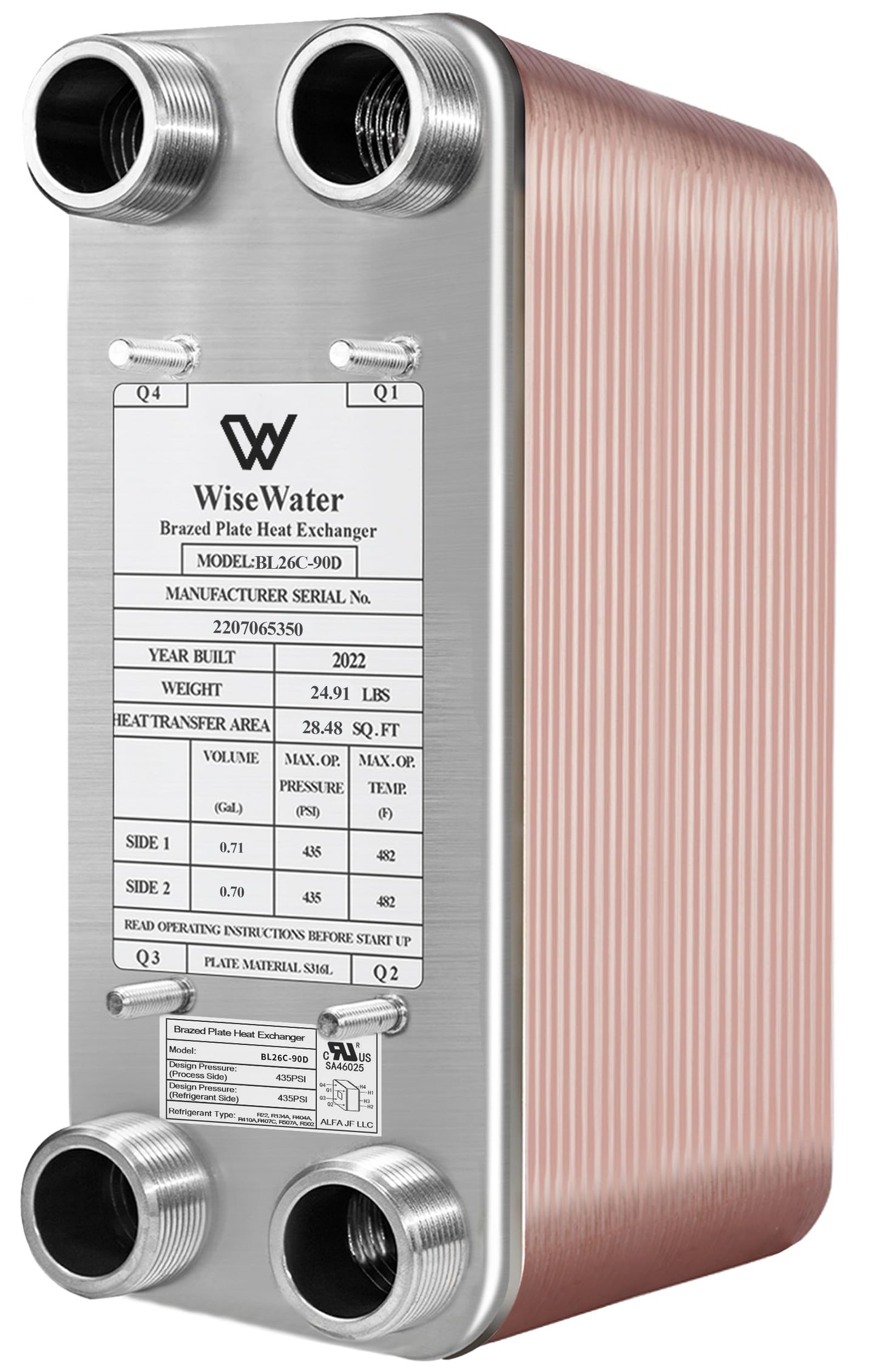 Brazed Plate Heat Exchanger Stainless Steel SS316L 5"x12" 90 Plates 1 1/4" MPT 1,100,000 BTU/hr Hydronic Heating