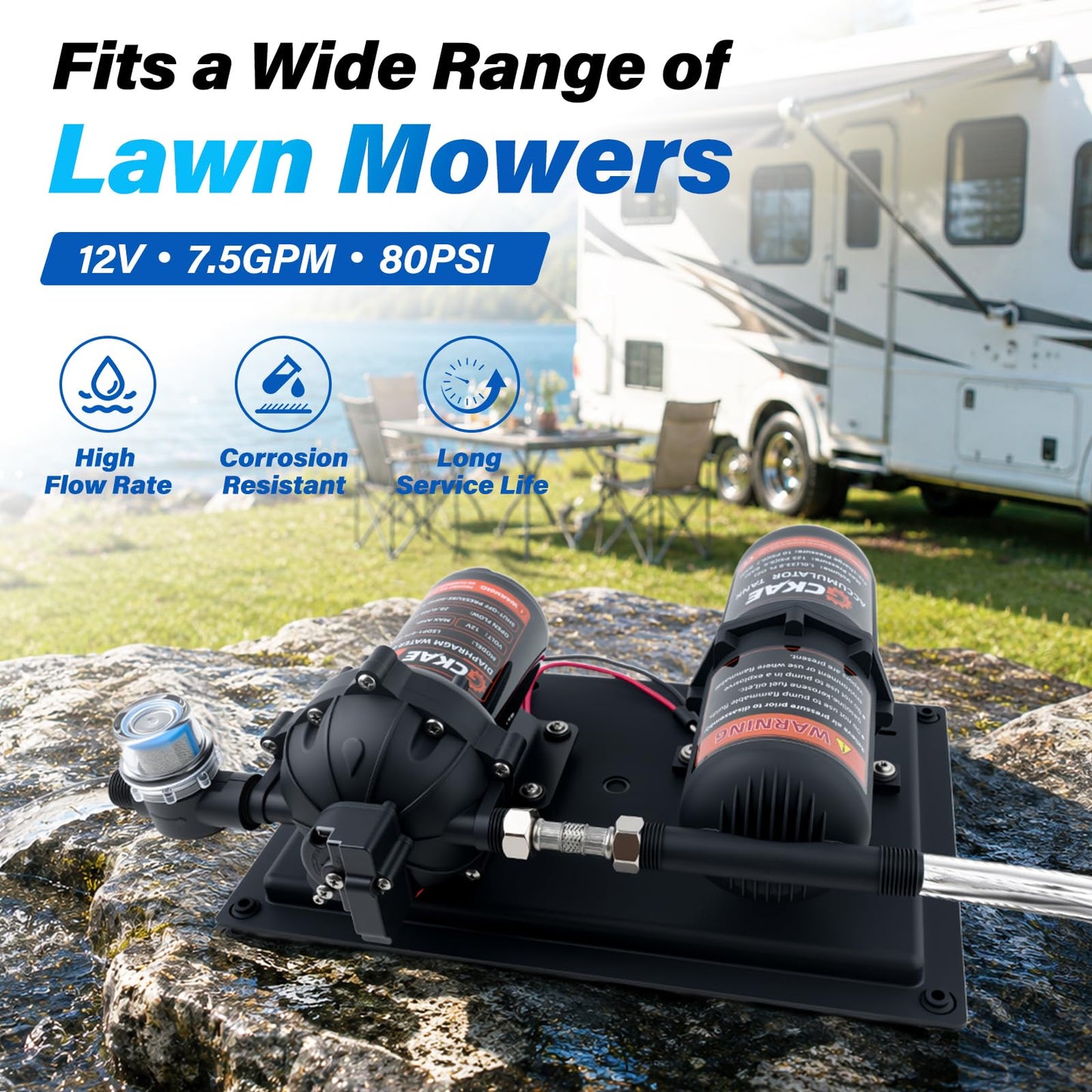 GCKAE RV Water Pump 12V DC 7.5GPM 80PSI and 1L 125PSI Pre-Pressurized Accumulator Tank, Ultra-Quiet Water Pressure System for Homes, RVs, Irrigation & Marine Use