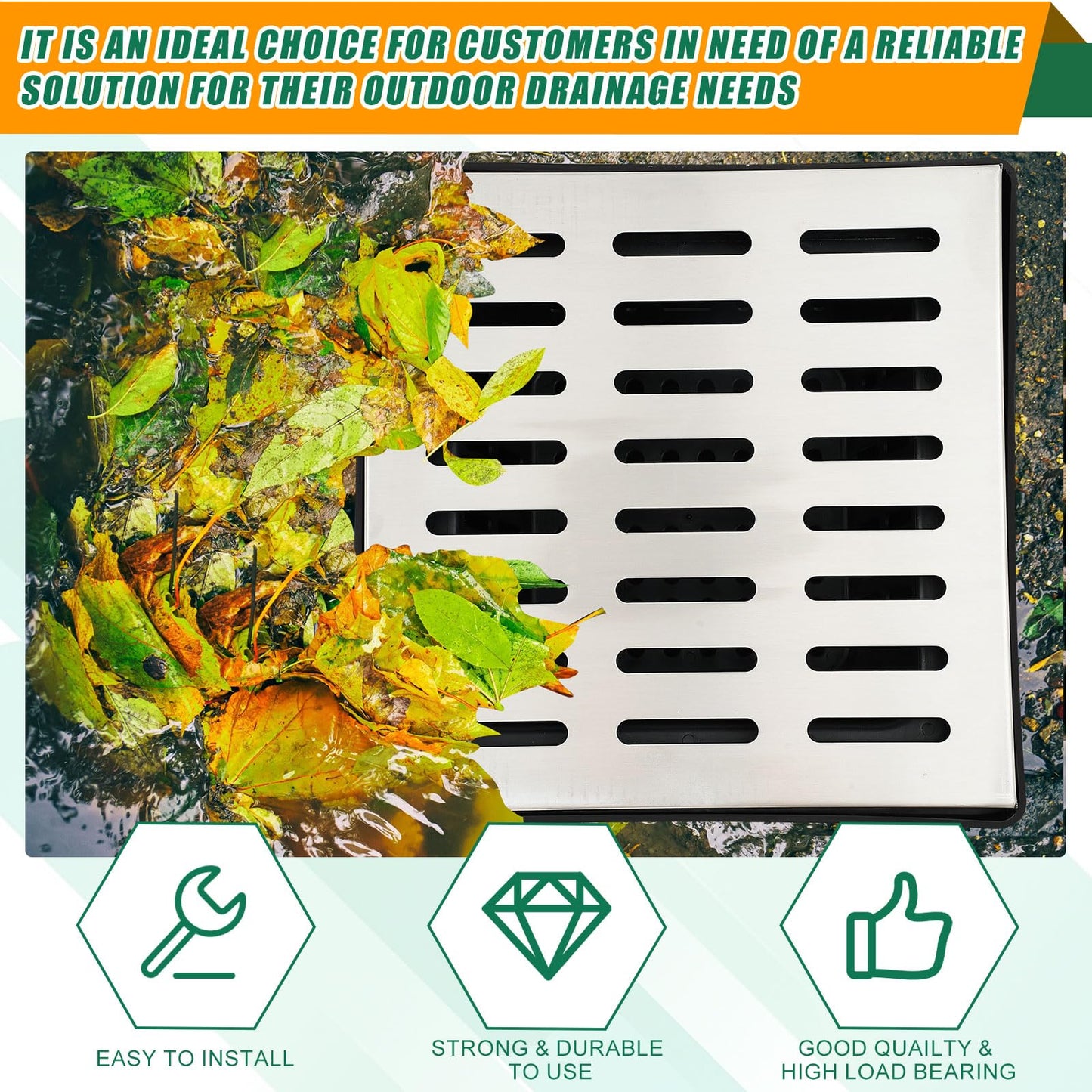 Kritkin18x18x15 Inch Catch Basin with Stainless Steel Grate Square Large Catch Basin for Drainage with Debris Basket French Drain Without Reserved Hole for Yard, Downspout, Municipal Pipeline