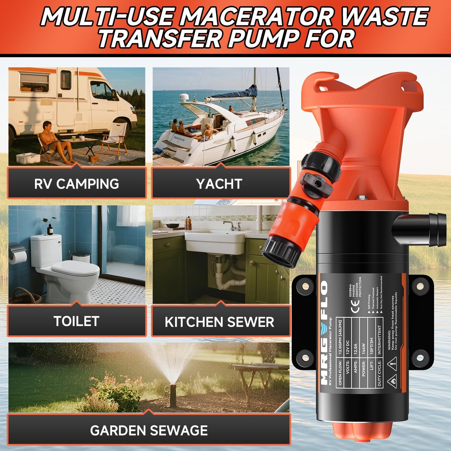 12V RV Portable Macerator Waste Pump for Sewage,12GPM Suction 3.2 feet Lift 10 feet with Garden Hose Discharge Port,Quick Release Sewage Pump with Fresh Water Rinse and Automatic Crushing Function