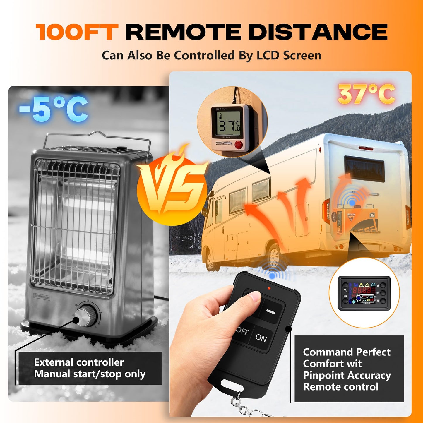 9L Large Diesel Heater, 8KW 240V/110V/12V/24V All in One Diesel Air Heater with LCD Switch, Remote Control, Suitable for Truck, RV, Home, Car, Campers, Boat, Orange