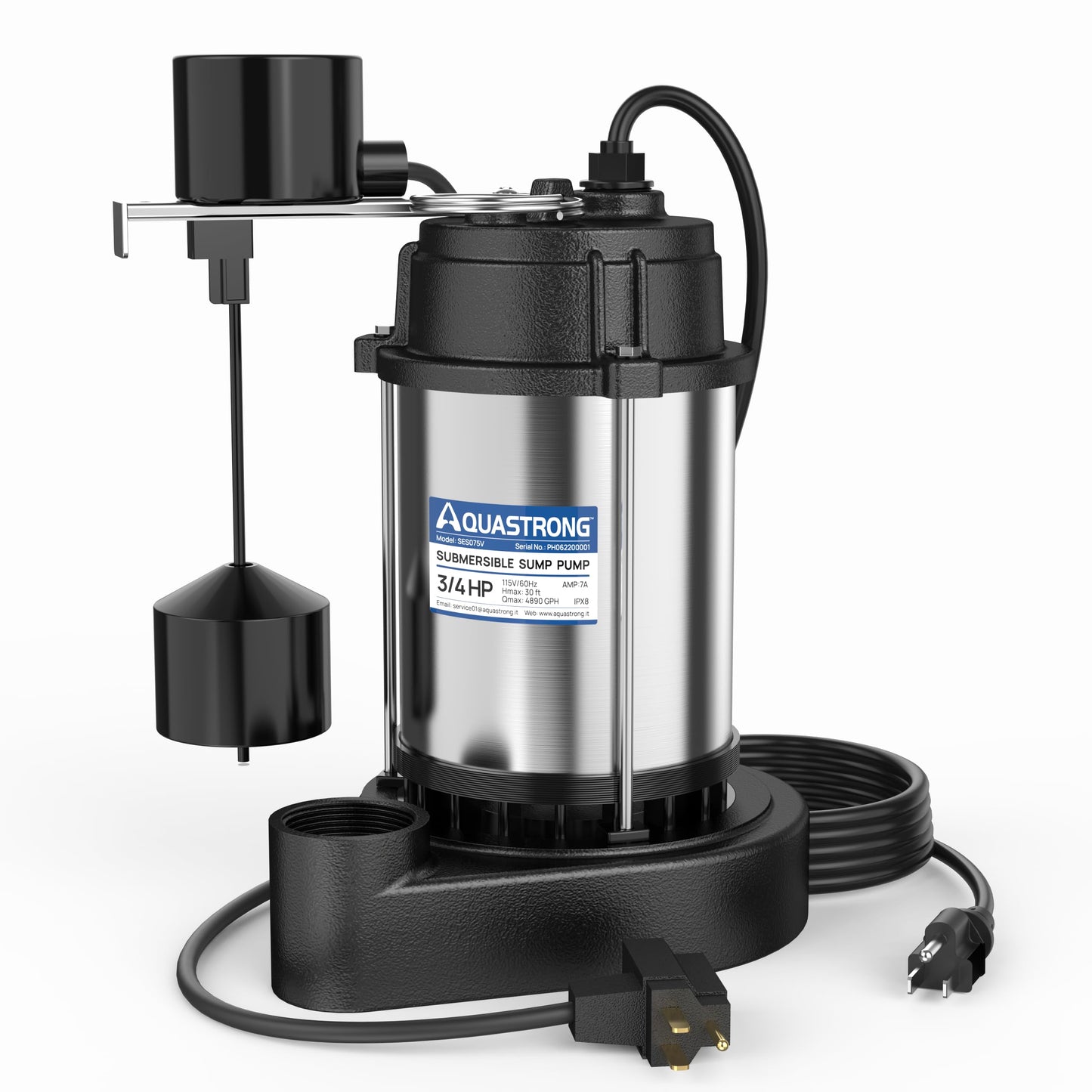 Aquastrong Sewage Grinder Pump, Cast Iron Effluent Pump, Auto Float Switch for Basement Sump Basin and Sewage Well, 2 inch Discharge, Stainless No Grinder with Piggy-back Plug