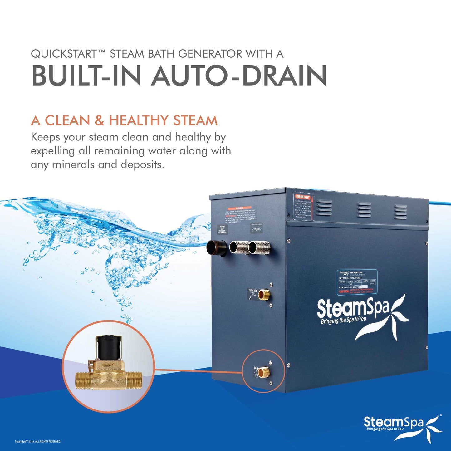 SteamSpa 10.5kW Steam Sauna Generator Premium Bundle 240V Steam Generator with Touch Pad Control, Steamheads, Pressure Relief Valve, Built-in Auto Drain and Plumber Quick Install Kit PRT1050OB-A