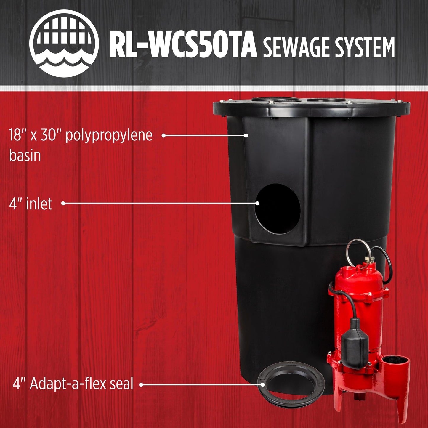 Red Lion RL-WCS50TA 115 Volt, 1/2 HP, 5600 GPH Automatic Sewage System with Cast Iron Pump and 18-inch x 30-inch Basin, Red/Black, 14942749