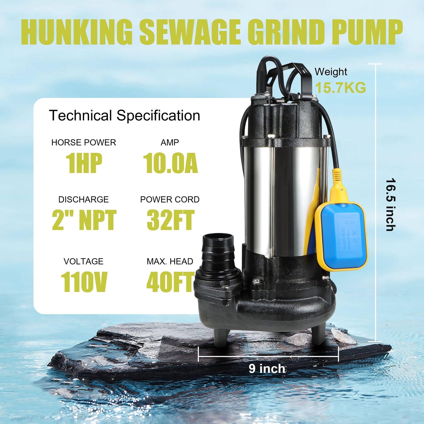 Sewage Grinder Pump, 1HP Submersible Sump Pump, 110V 6400GPH Cast Iron Effluent Pumps with Automatic Float Switch, 2'' NPT Discharge for Basement, Residential Sewage, Sump Basin
