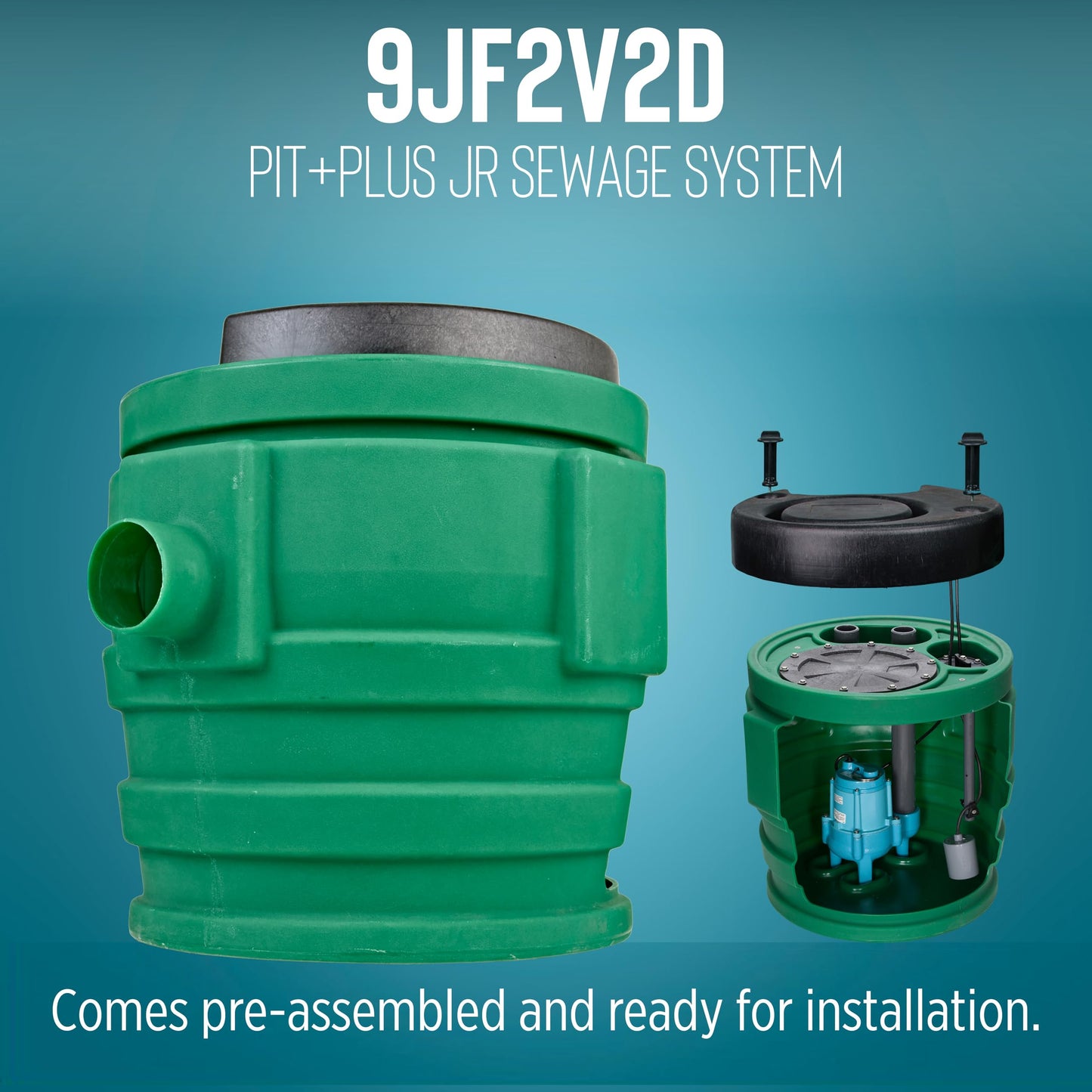 Little Giant 9JF2V2D Pit Plus JR Sewage Basin System with 115-Volt, 4/10 HP, 6000 GPH 9SC-CIM Sewage Pump, Float Switch with 20-Ft. Cord, 2-inch Vent, 2-inch Discharge, Green/Blue/Black, 509673