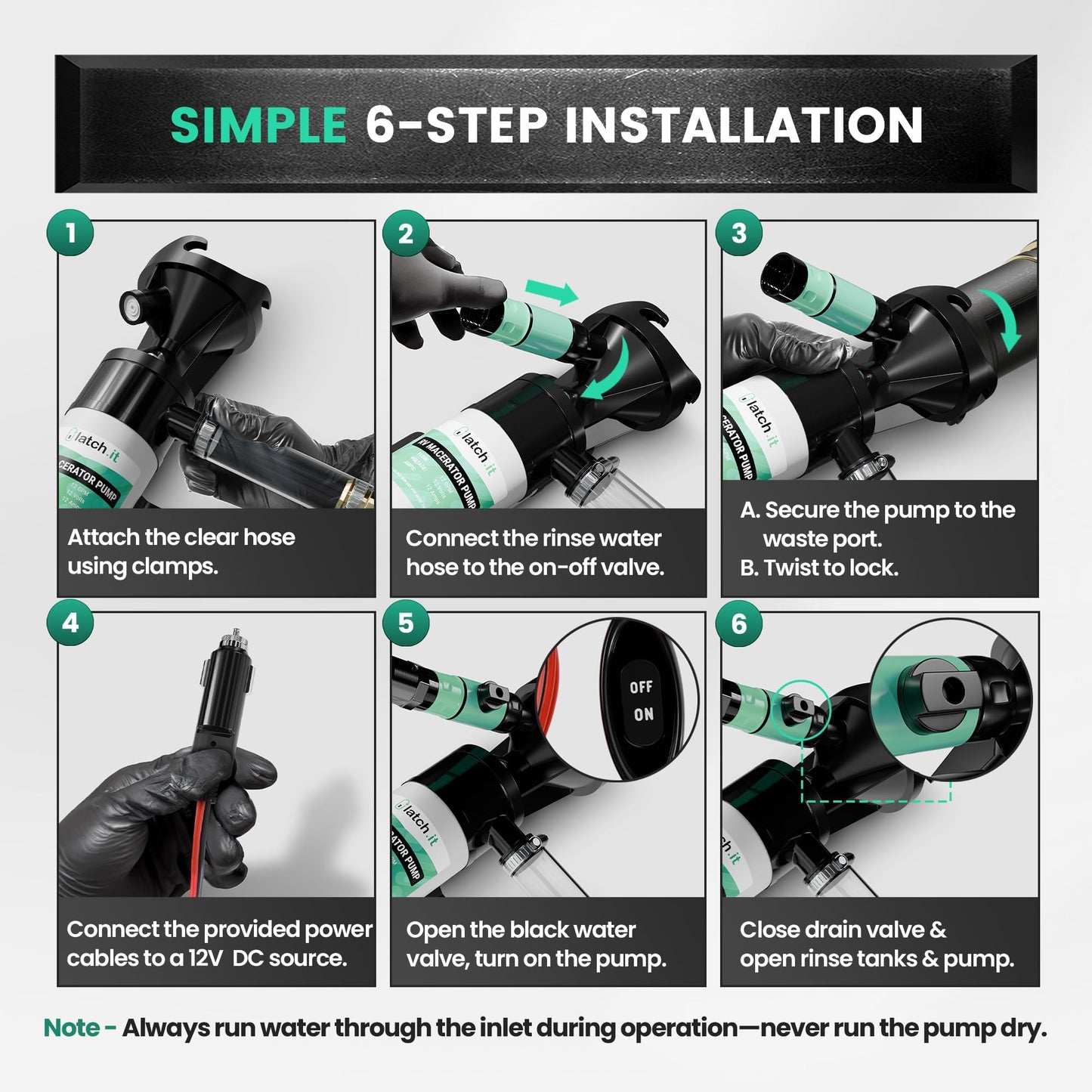 LATCH.IT V2.0 RV Macerator Pump 12VDC | 12-15GPM Macerator Pump for RV | 10-Feet Lift RV Waste Pump Macerator | Self-Priming & Portable | Portable RV Waste Pump w/Fittings, Hoses & Clamps!