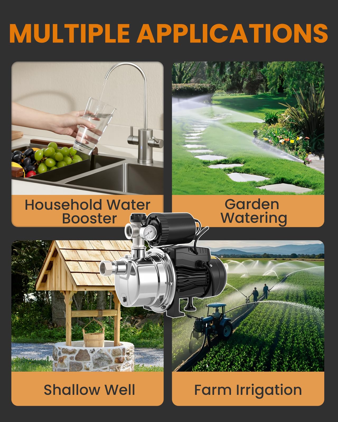 Moonshan 3/4 HP Shallow Well Booster Pump with Pressure Tank 1050GPH Auto ON/OFF Water Pressure Booster Self-Priming Stainless Steel Automatic Booster System for Whole House, Garden, Lawn