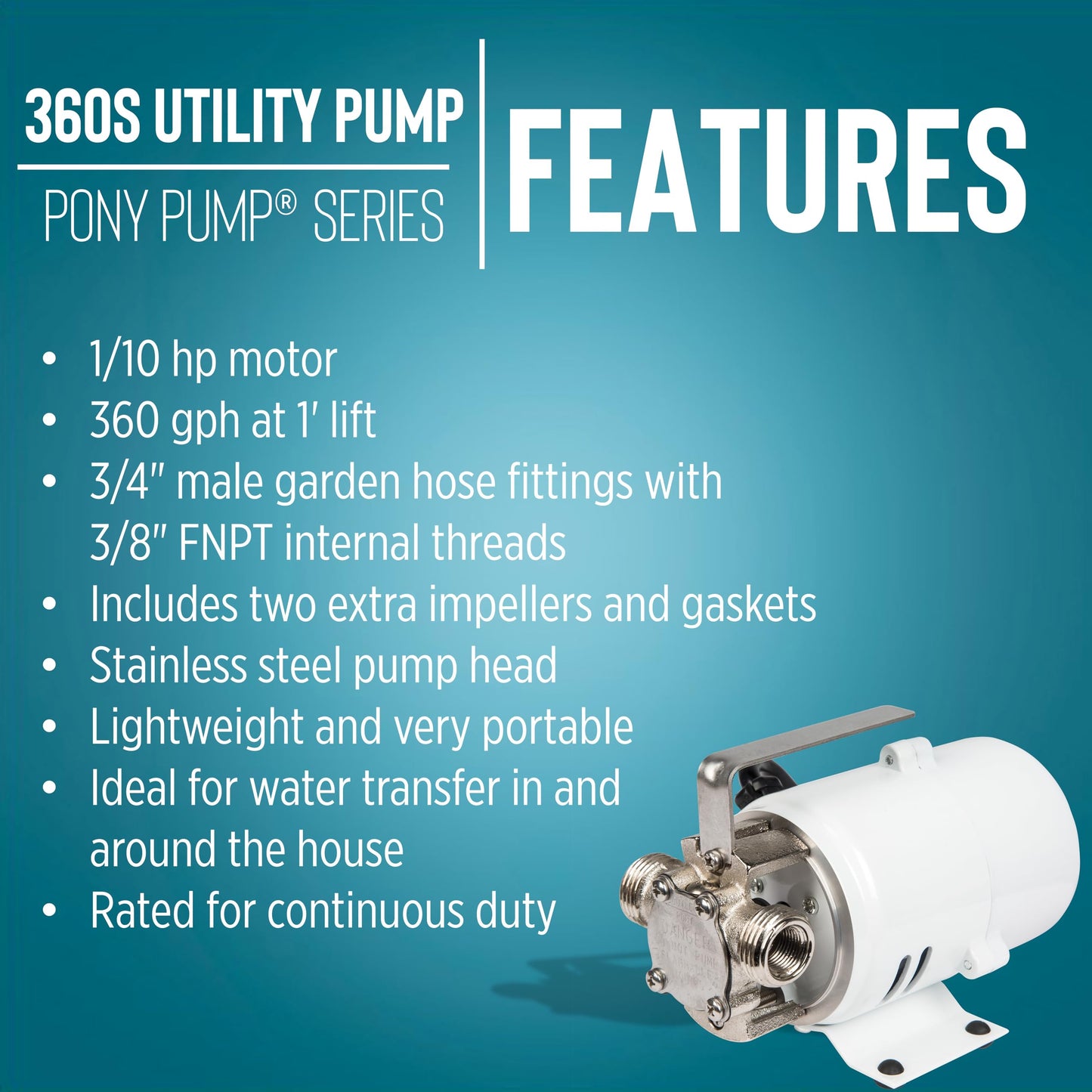 Little Giant 360S 115 Volt, 360 GPH 1/10 HP Stainless Steel Non-Submersible Multi-Purpose Utility Water Transfer Pony Pump with 6-Ft. Cord, White, 555110