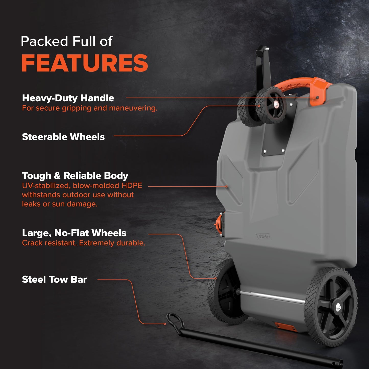Camco Rhino 28-Gallon Portable RV Tote Tank - Features 2 Steerable No-Flat Front Wheels & Built-in Gate Valve - Includes Removable 24" Tow Bar, 3’ Sewer Hose & More RV Accessories (39005)