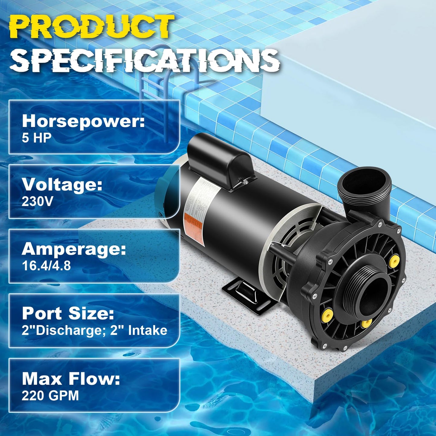 3722021-1D 56 Frame 5 hp Spa Pump, 2-Speed 230V Hot Tub Pump Standard Pool Pump, 2" Inlet/Outlet, Compatible with Waterway Executive 50