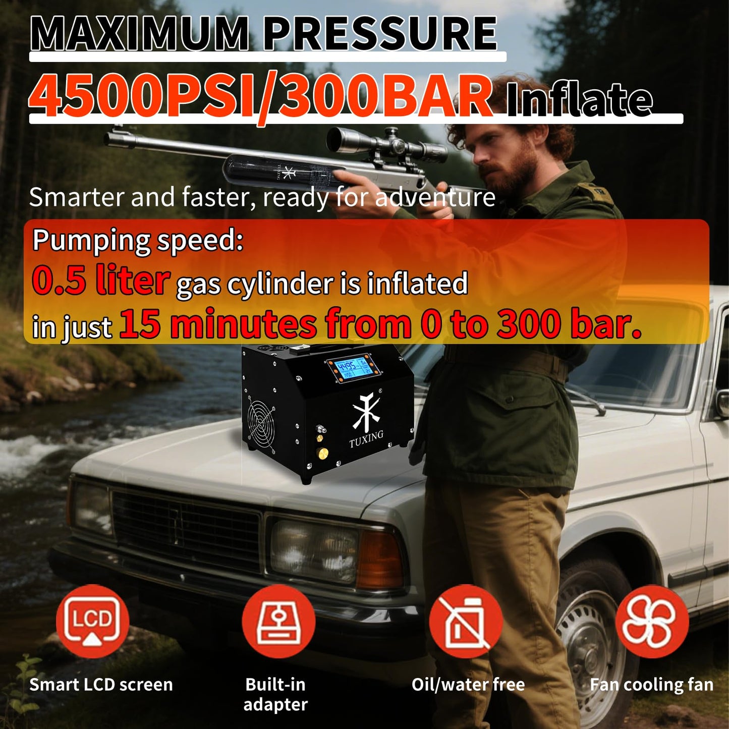 TUXING PCP Air Compressor 4500Psi, Auto-Stop High Pressure Compressor, Equipped with Water Cooling System, Scuba Diving Tank Pcp Air Rifles Charging 110V (‎TXET063)