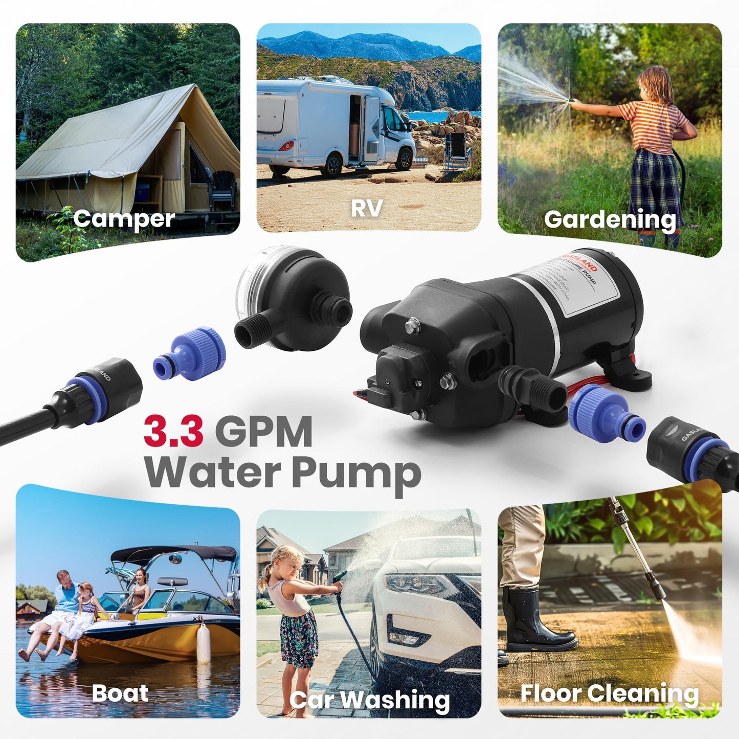 GASALND 12V DC Water Pressure Pump, 3.3GPM 40PSI On Demand Diaphragm Pump, Self-Priming Water Pump with Pressure Switch for Camper, Marine, RV Kitchen, Bathroom, and Gas Hot Water System