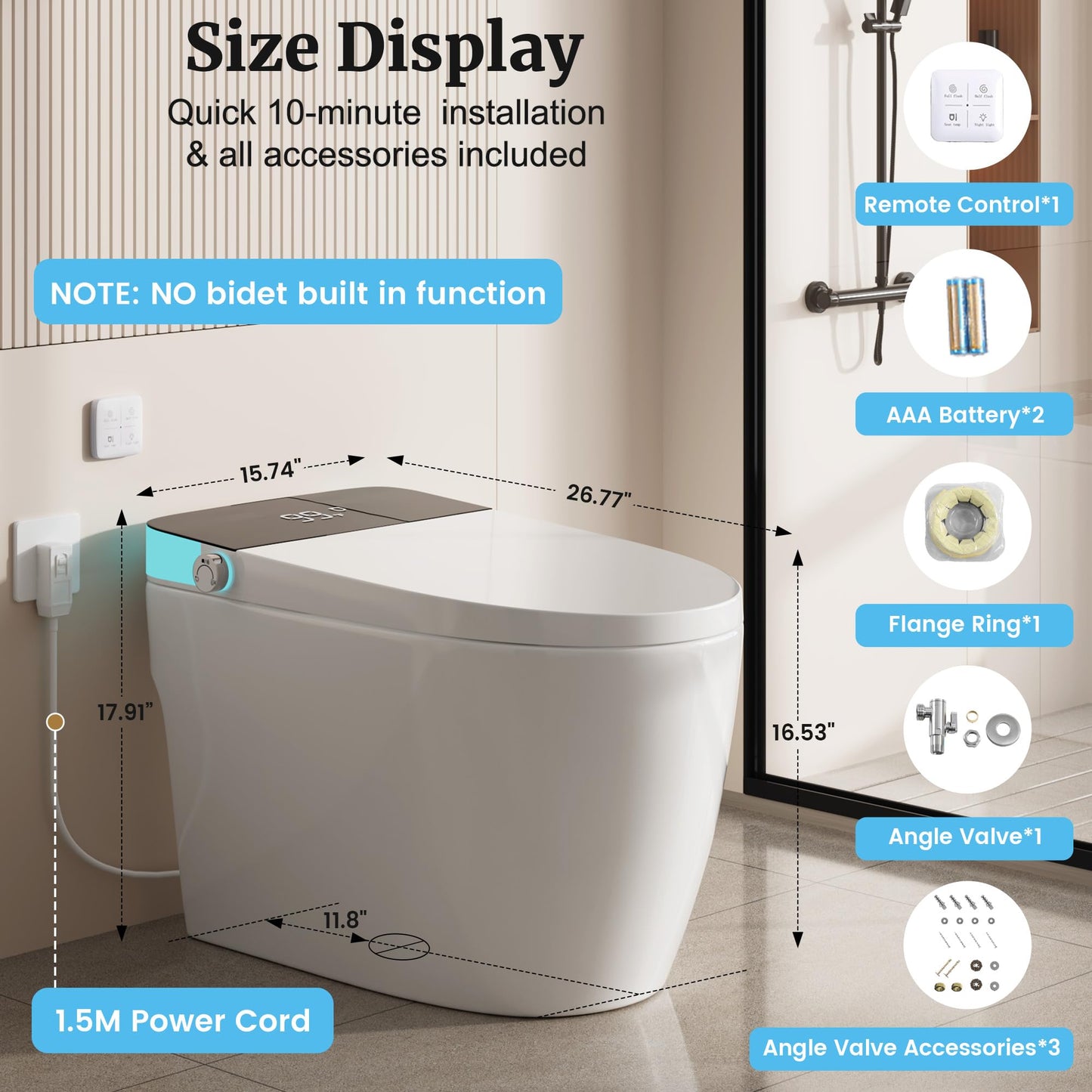 Smart Toilet with Auto Flush and Heated Seat, Electric Tankless Toilets with Dual Flush Remote - Pre-Wetting, One Piece Toilet for Bathrooms Soft-Close Seat & Lid, Night Light, LED Display