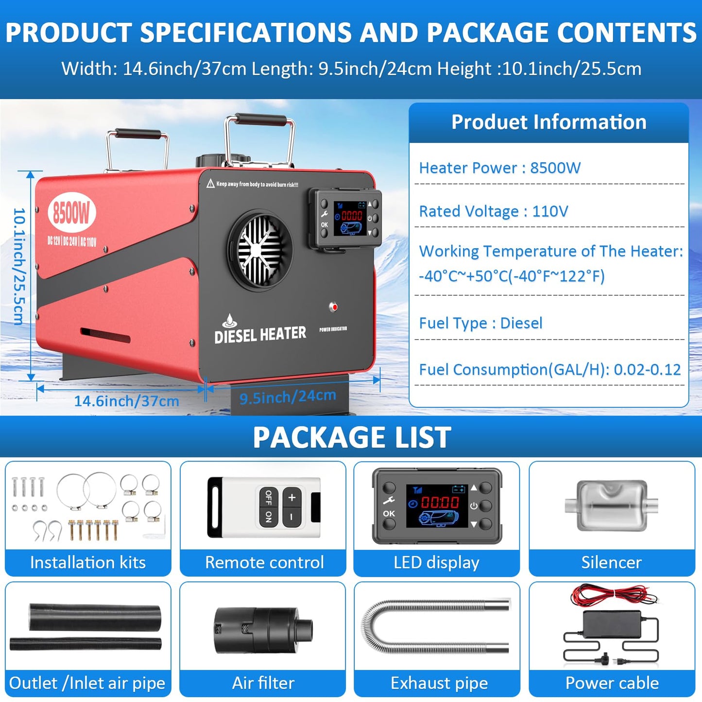 8500W Diesel Heater, 110V/24V/12V Ultra Parking Heater with Remote Control and LCD Display, 2025 Upgraded All-in-One Instant Heat Low Noise for RV Truck Boat Bus Home Shop (110V/24V/12V Heater)