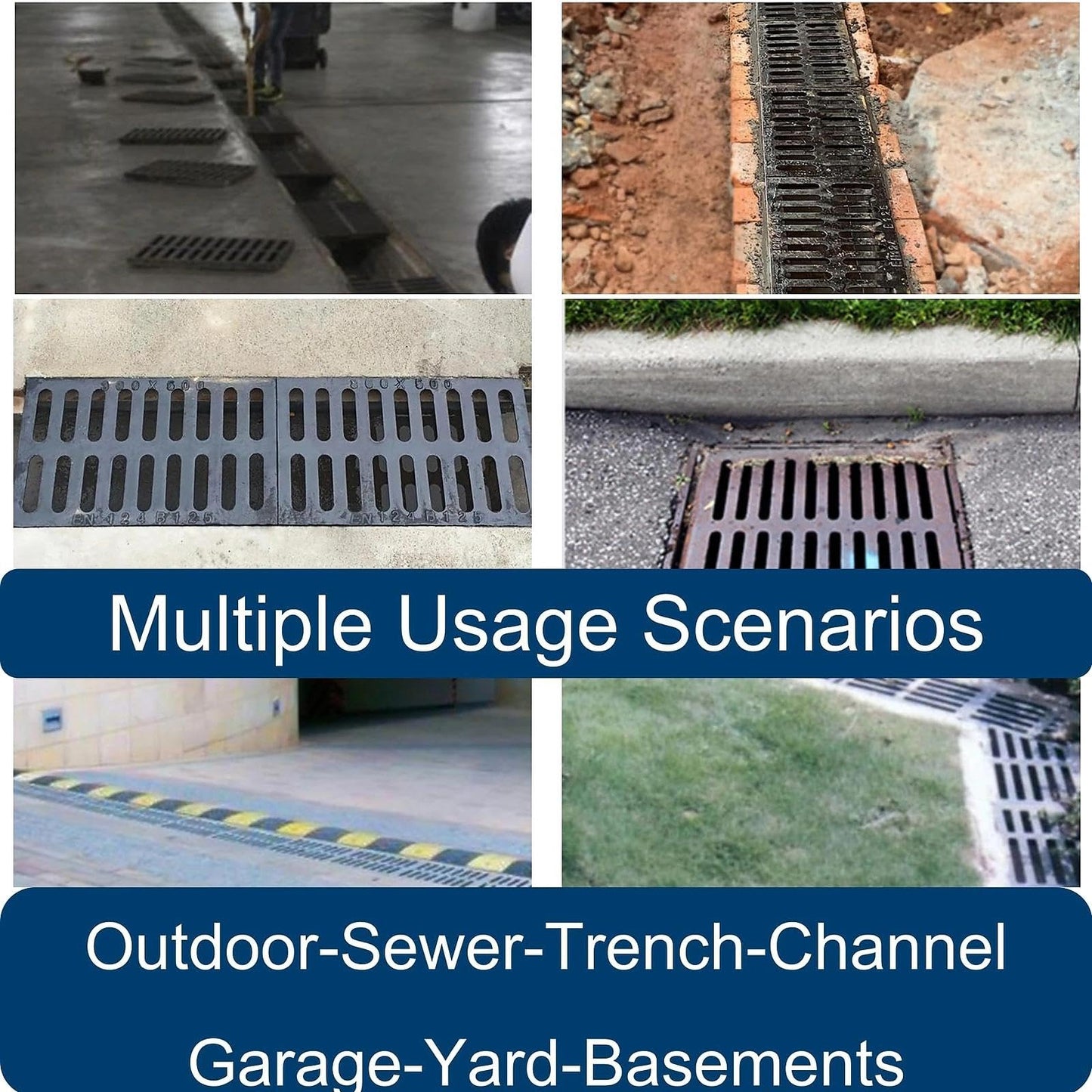 TIANYAMAI Cast Iron Drain Grate and Frame 24x16 in, B-Class 28100 lbs Heavy-Duty Driveway Channel Cover, Outdoor Trench Drainage Grate with Base, Rectangle Metal Sewer Cover (IL23.6 x IW15.7)
