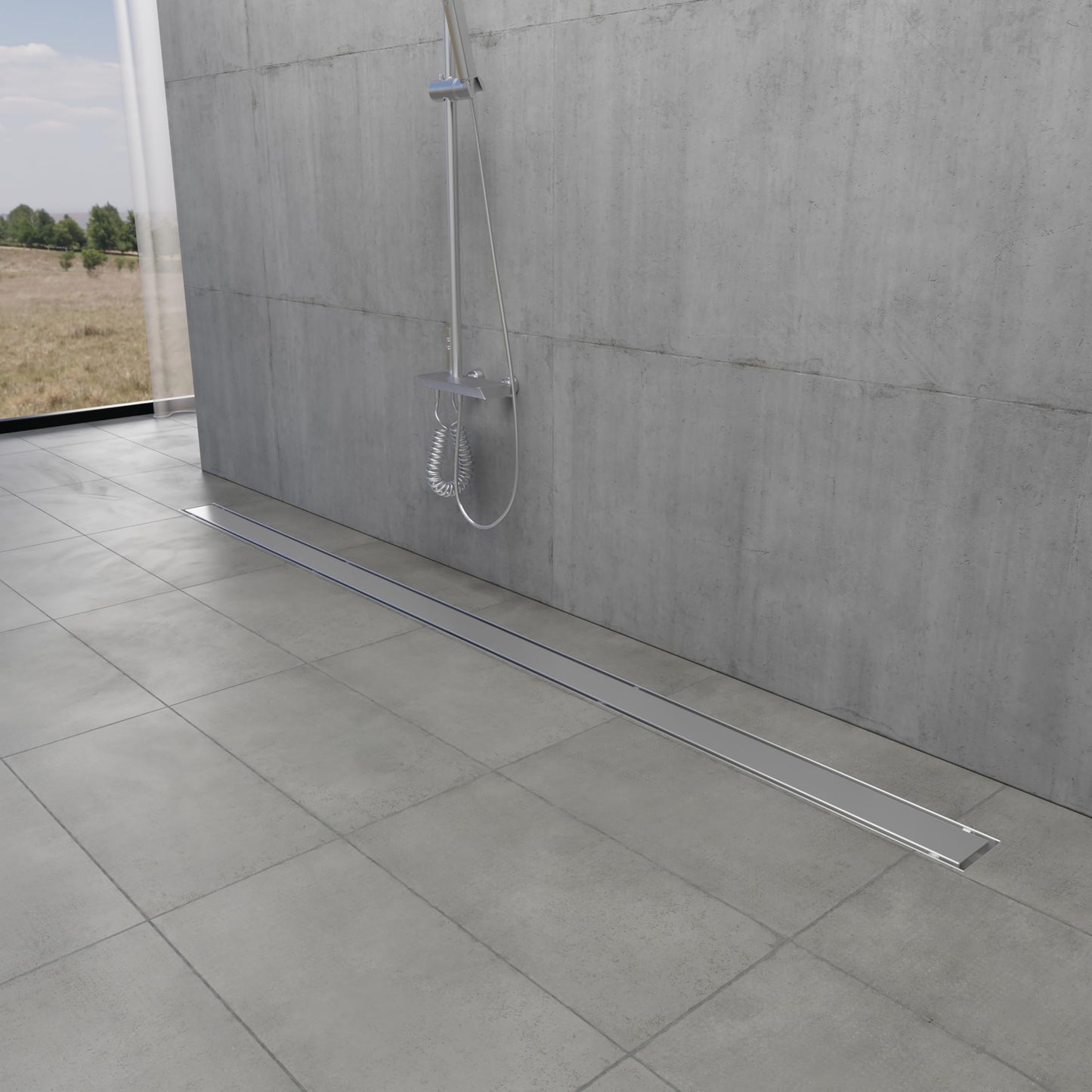 Kingston Brass BSFK6028 Watercourse 60" Stainless Steel Linear Shower Drain with Reversible Tile Insert and Flat Grate, Drain with Base Flange and Hair Strainer, Brushed Nickel