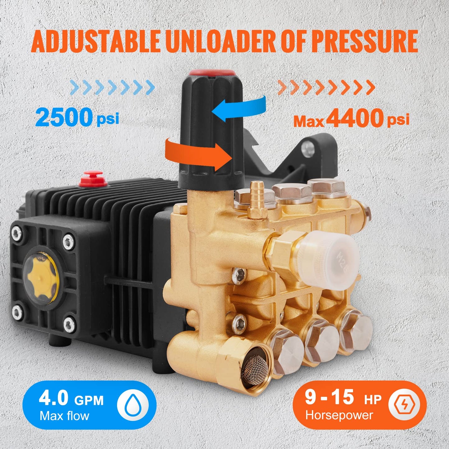 VEVOR Pressure Washer Pump, 4400 PSI, 4.0 GPM, 1" Shaft Horizontal Triplex Plunger, Replacement Power Washer Pumps Kit, Parts Washer Pump, Compatible with Simpson, Honda, Homelite, Troybilt etc.