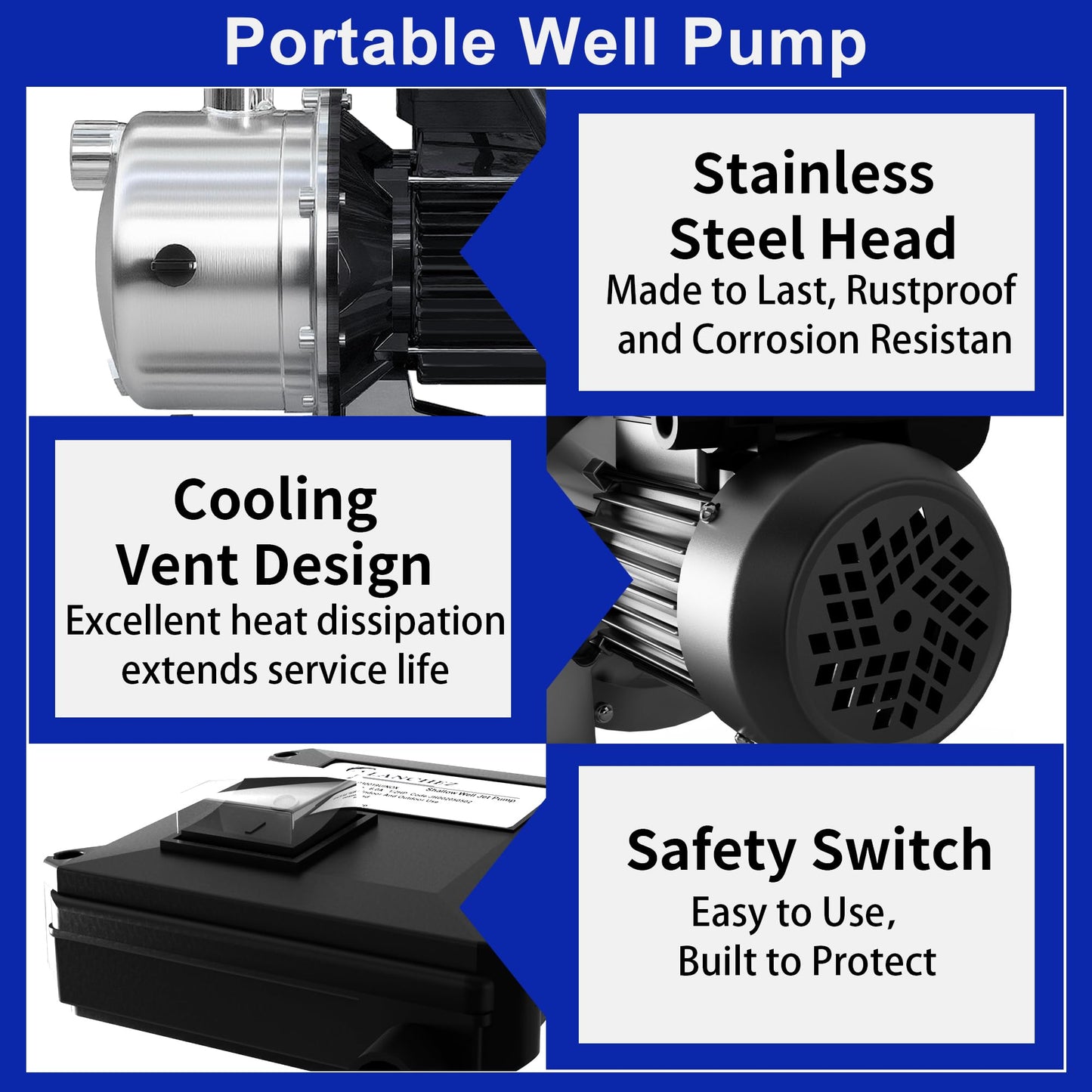 LANCHEZ Shallow Well Pump, Stainless Steel Water Transfer Pump, 115V Garden Irrigation Pump, Water Booster Jet Pump for Home Garden Lawn Farm, Silver