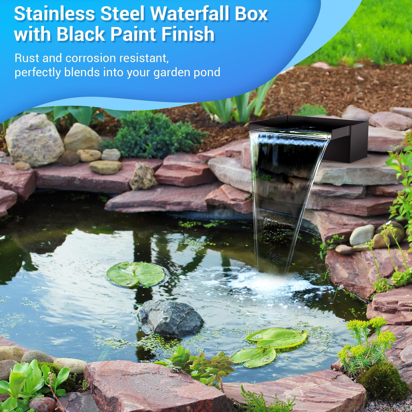 NFESOLAR Pond Waterfall Spillway Kit for Outdoor Pond up to 2000 Gallons, Includes 12.2" W Stainless Steel Pond Waterfall Box, 660GPH Ultra-Quiet Water Pump, Pond Filter Box