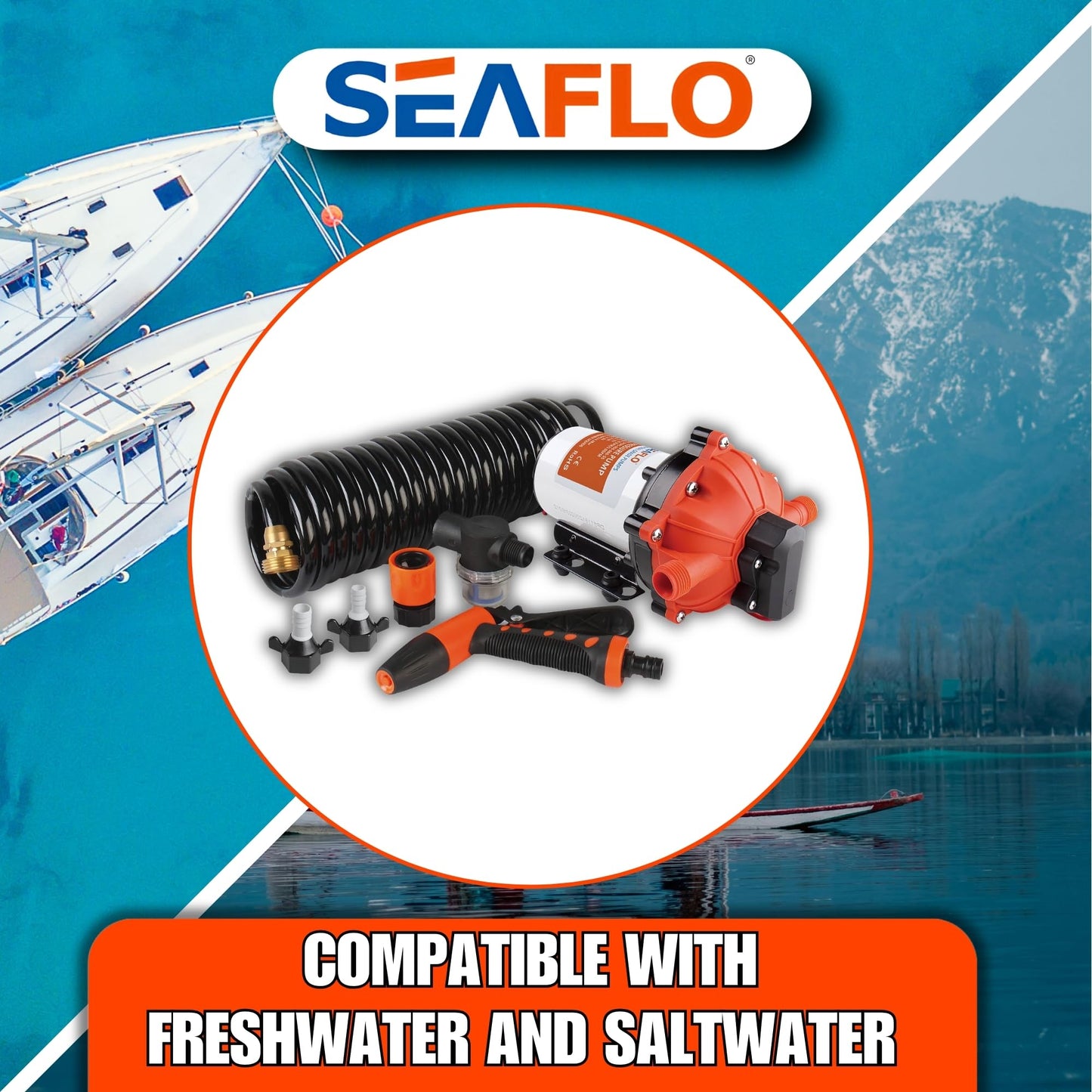 SEAFLO 55-Series Washdown Pump Kit - 12V DC, 5.5 GPM, 70 PSI, Self-Priming, Coiled Hose, Spray Nozzle, High Flow for RV, Boat, Off-Grid, Freshwater, and Saltwater Applications 4-Year Warranty