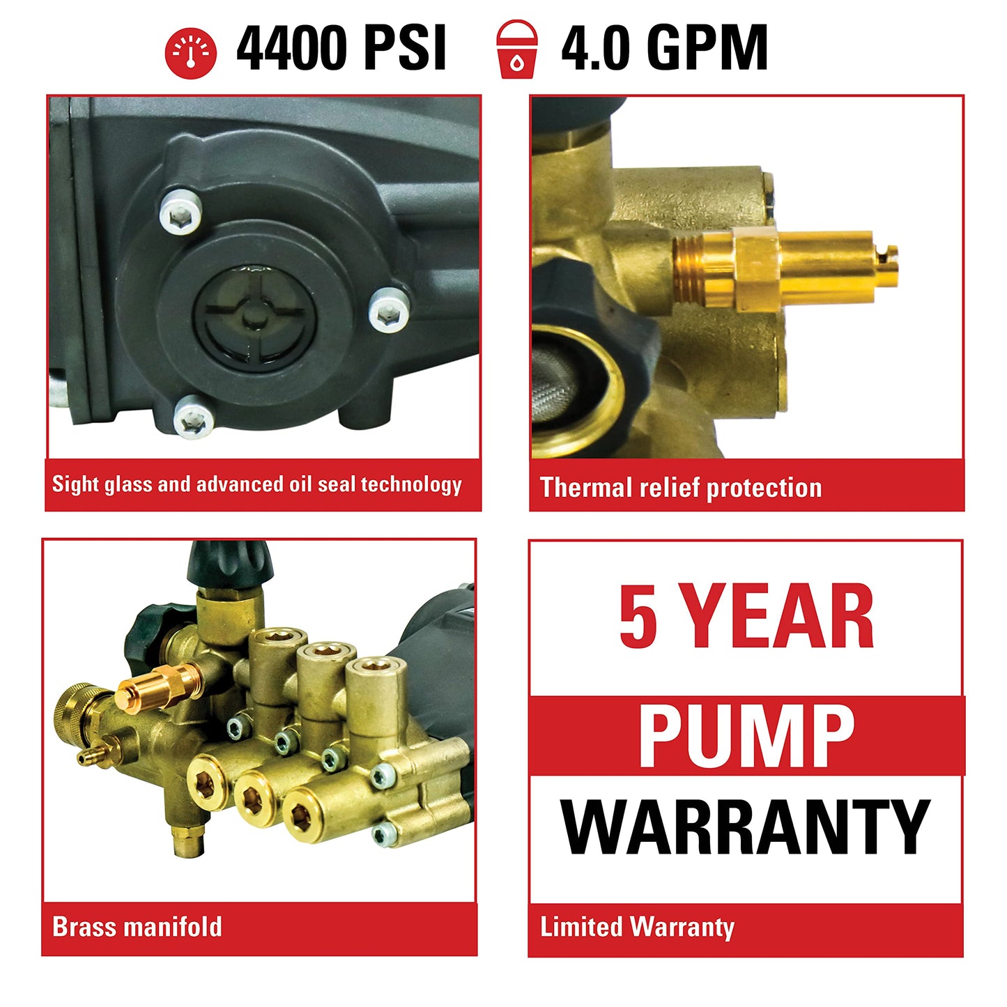 AAA 90034 Horizontal Triplex Plunger Replacement Pressure Washer Pump Kit, 4400 PSI, 4.0 GPM, 1" Shaft, Includes Hardware and Siphon Tube, for Industrial Gas Powered Machines, Black