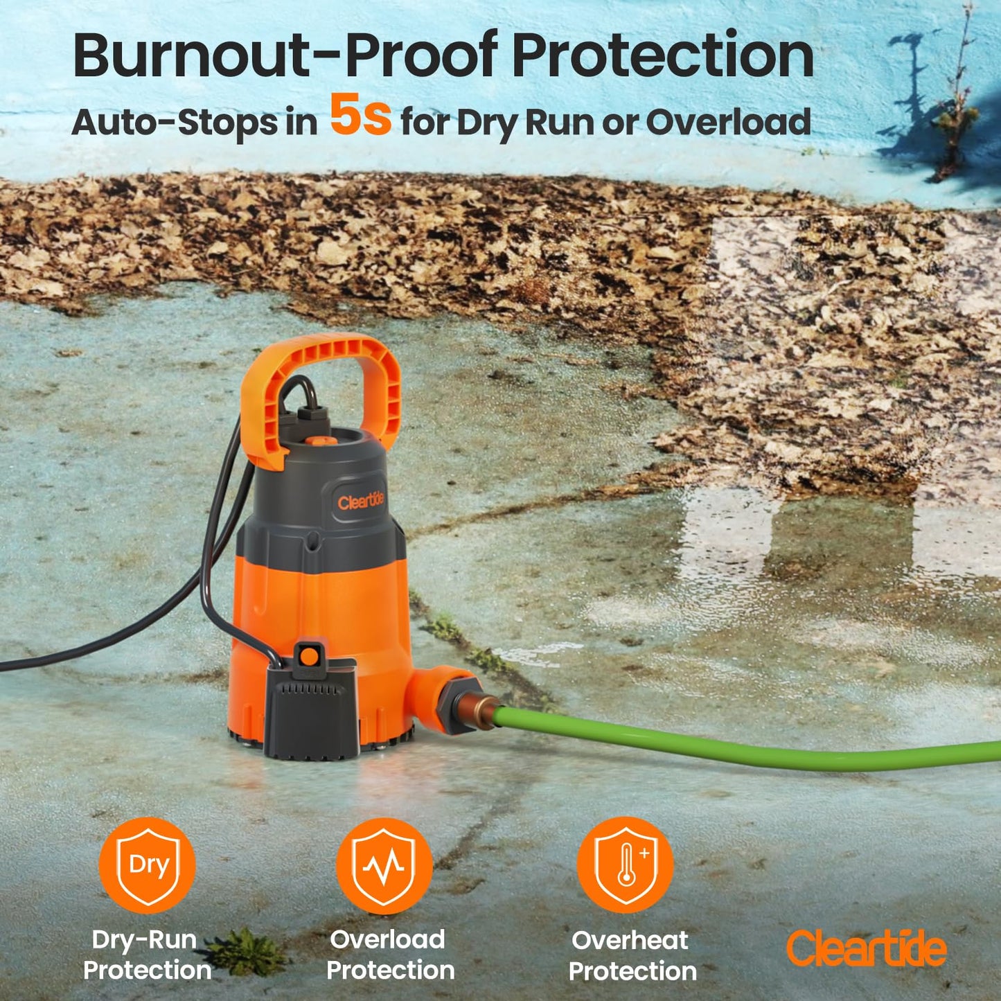 Cleartide 1/3 HP Submersible Utility Pump, 2790 GPH High Flow, Thermoplastic Portable Sump Pump with Auto Water Sensor, Ideal for Pool, Flooded Basement, Hot Tub, Pond & Garden Draining,10 FT Cord