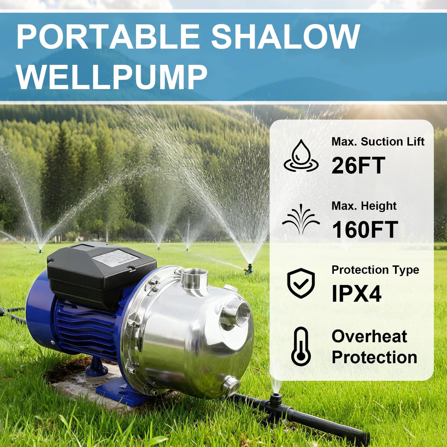 Rioflybee 1.5 HP Shallow Well Booster Pump, 115V 1320 GPH Self-Priming Automatic Booster Jet Pump with 160 FT Head, Stainless Steel Home Water Pressure Pump for Garden Lawn Farm