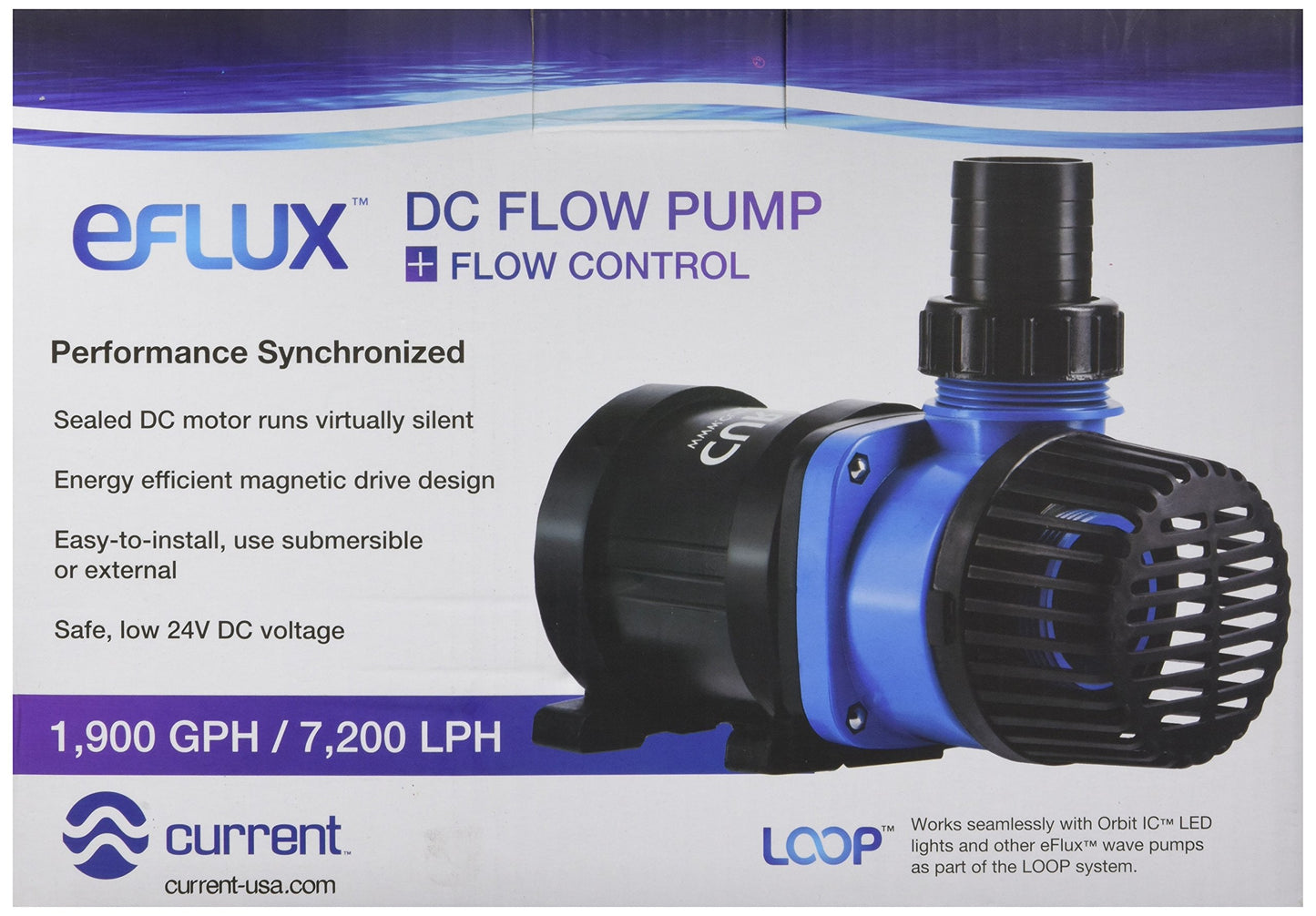 CURRENT USA eFlux DC Flow Pump with Control 1900 GPH | Loop Controllable Aquarium DC Return 380-1900 GPH | Quiet, Submersible or External | Fish Tank, Sump, Pond, Freshwater and Saltwater Marine Use