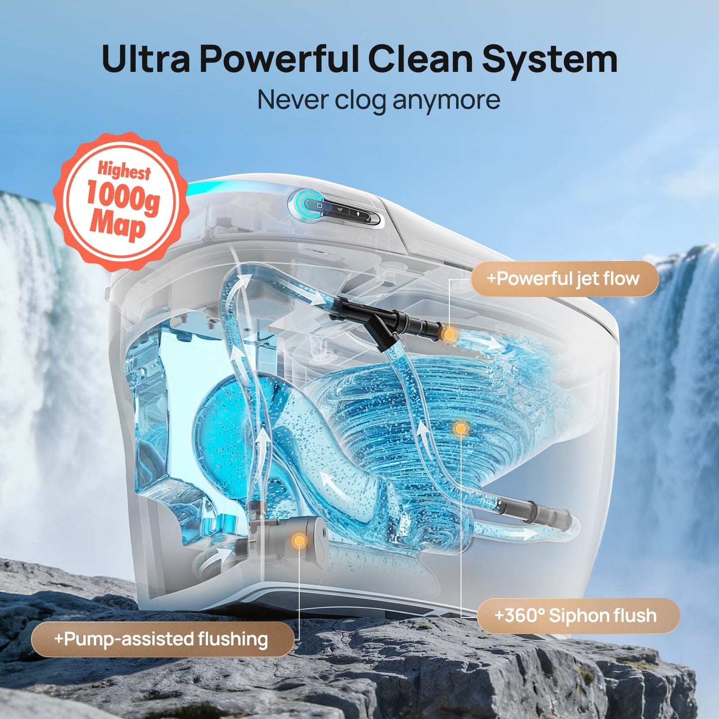 Smart Toilet with Bidet Built-in: Bidet Toilet with Washing Child Friendly Modes, Toilet Bidet with Heated Seat, One Piece Toilet with Warm Water, Dryer, Remote, Foot Sensor, Auto Flush Lid&Seat