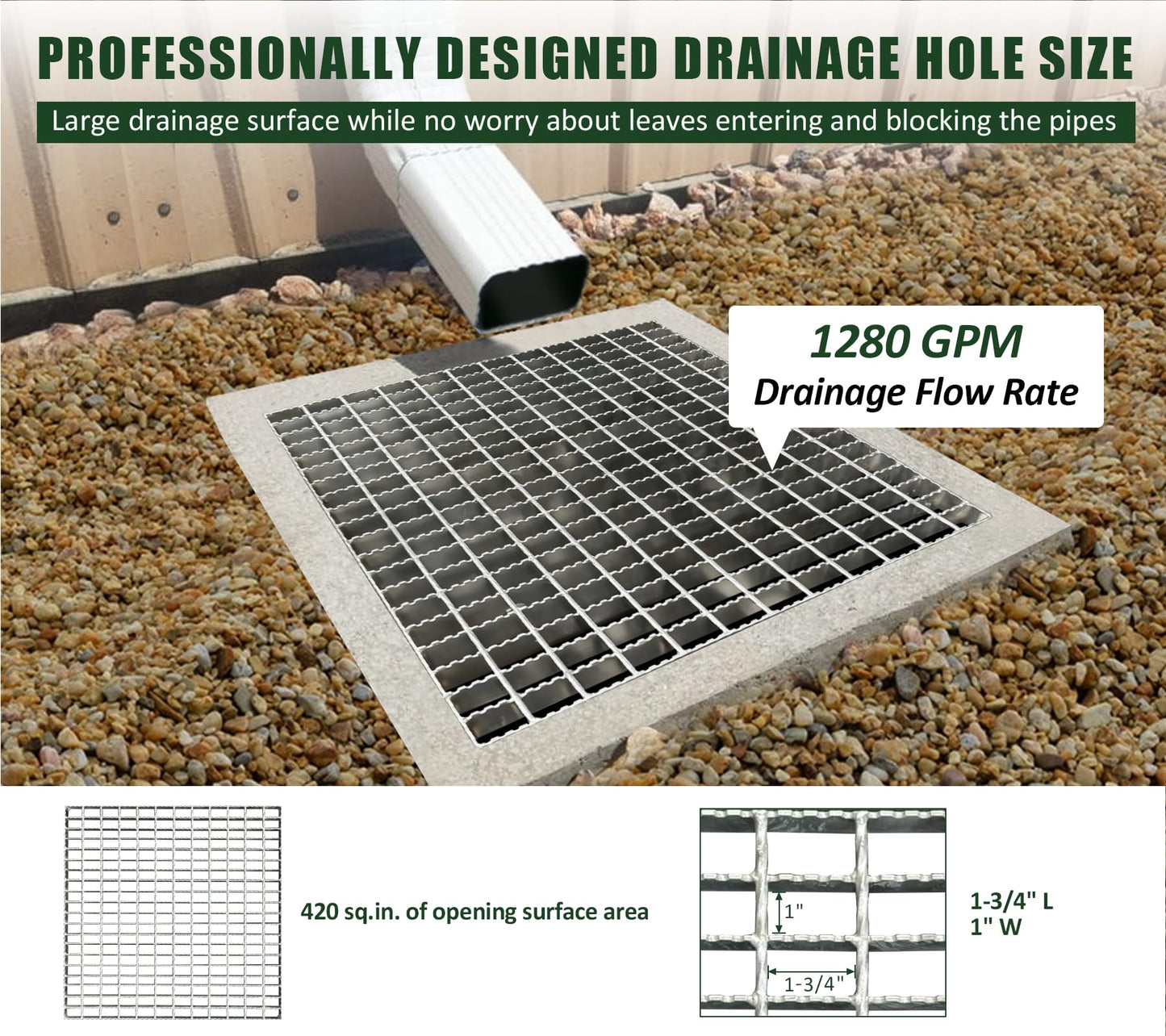 Natotela 24in Galvanized Steel Driveway Drain Grate-B125 Anti Slip Metal Catch Basin Grate for 24" Concrete Catch Basin,Outdoor Drainage Grates for Garage,Sewer,Dowmspout,Factory(23.6x23.6 in)