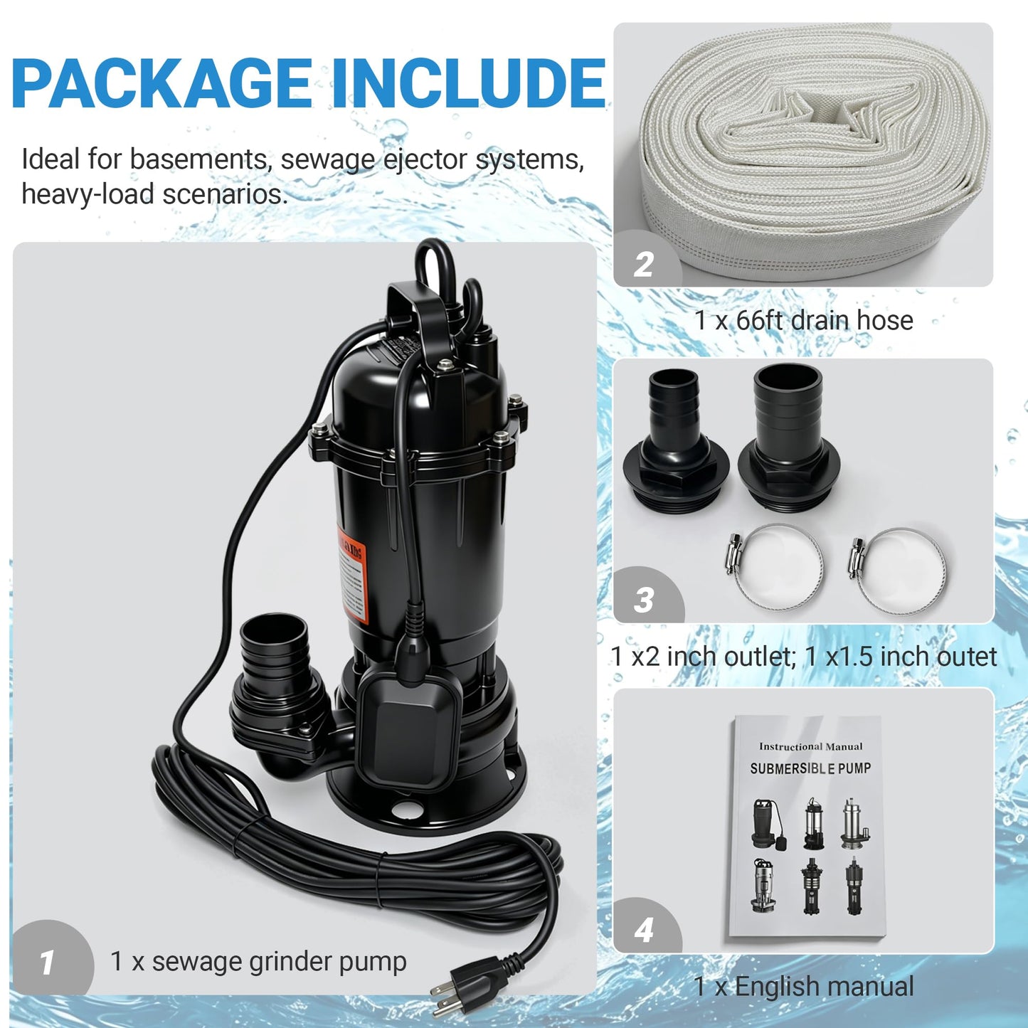 2HP 110V Submersible Sewage Grinder Pump W/Blades Cast Iron Effluent Pump w/Auto Float Switch and 66ft Hose for Basement Sump Basin and Sewage Well, 2'' NPT Discharge