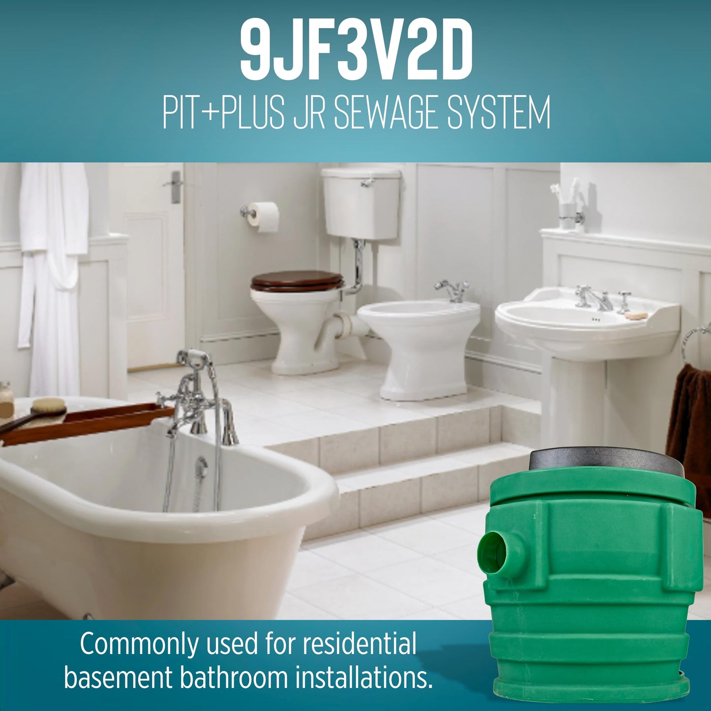 Little Giant 9JF3V2D Pit Plus JR Sewage Basin System with 115-Volt, 4/10 HP, 6000 GPH 9SC-CIM Sewage Pump, Float Switch with 20-Ft. Cord, 3-inch Vent, 2-inch Discharge, Green/Blue/Black, 509679