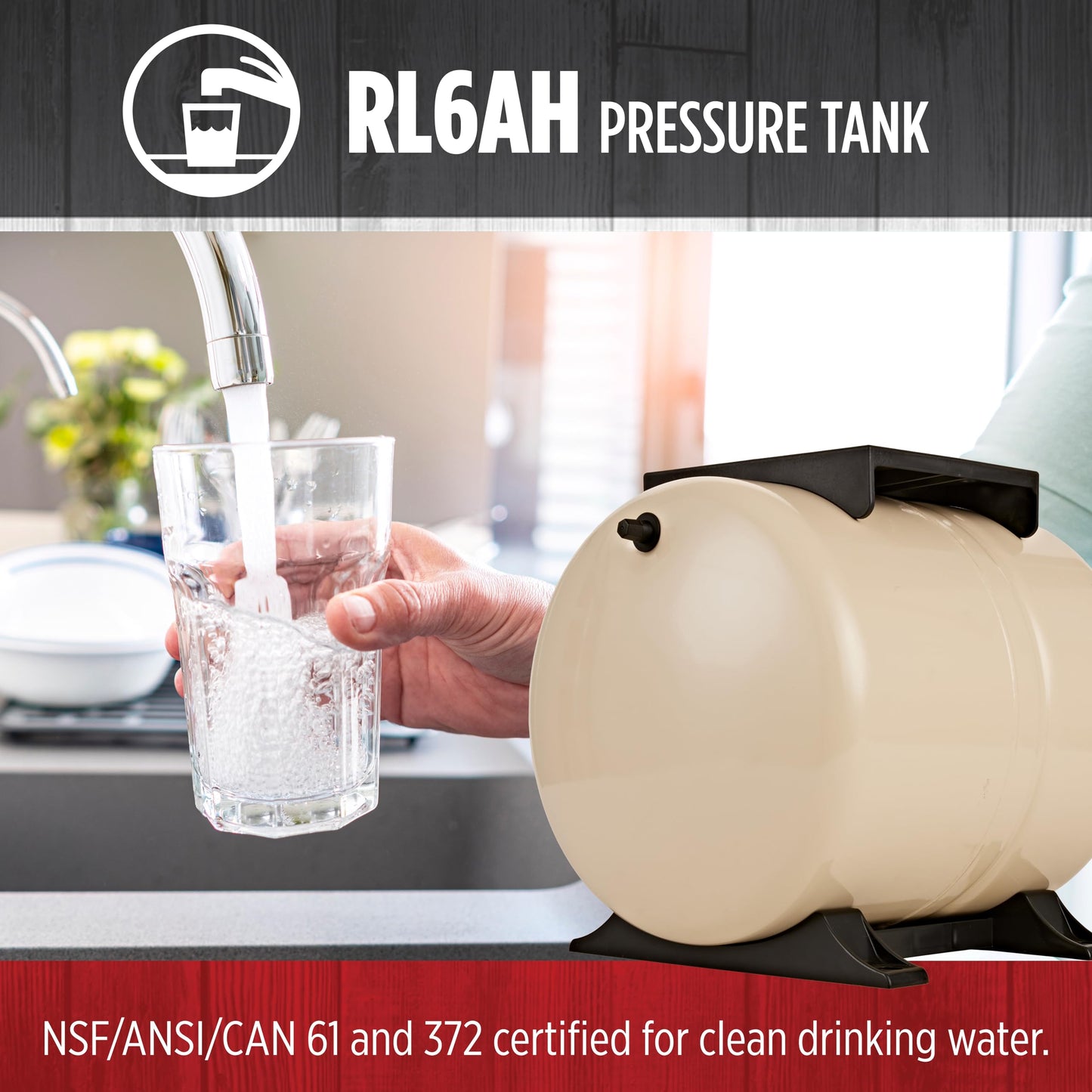 Red Lion RL6AH - 6-Gallon Horizontal Pre-Charged Pressure Tank with Pump Mounting Bracket and Thermoplastic Stand for Well Pumps, 3/4-Inch MNPT System Connection, Almond, 604629