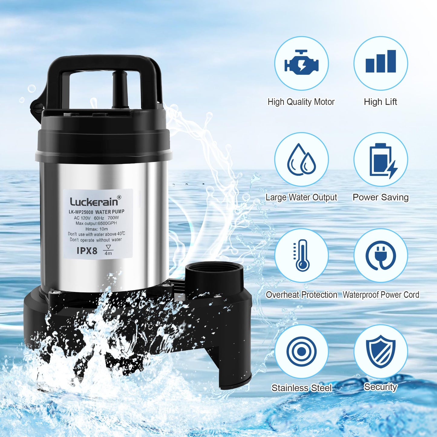 Sump Pump 1HP Stainless Steel Sewage Pump 6500 GPH Pond Pumps for Outdoor Ponds,Free Control Timer Submersible Pump for Pool,Sump Basin,Basement and Outdoor Drainage, 50ft Cord,2'' NPT Discharge