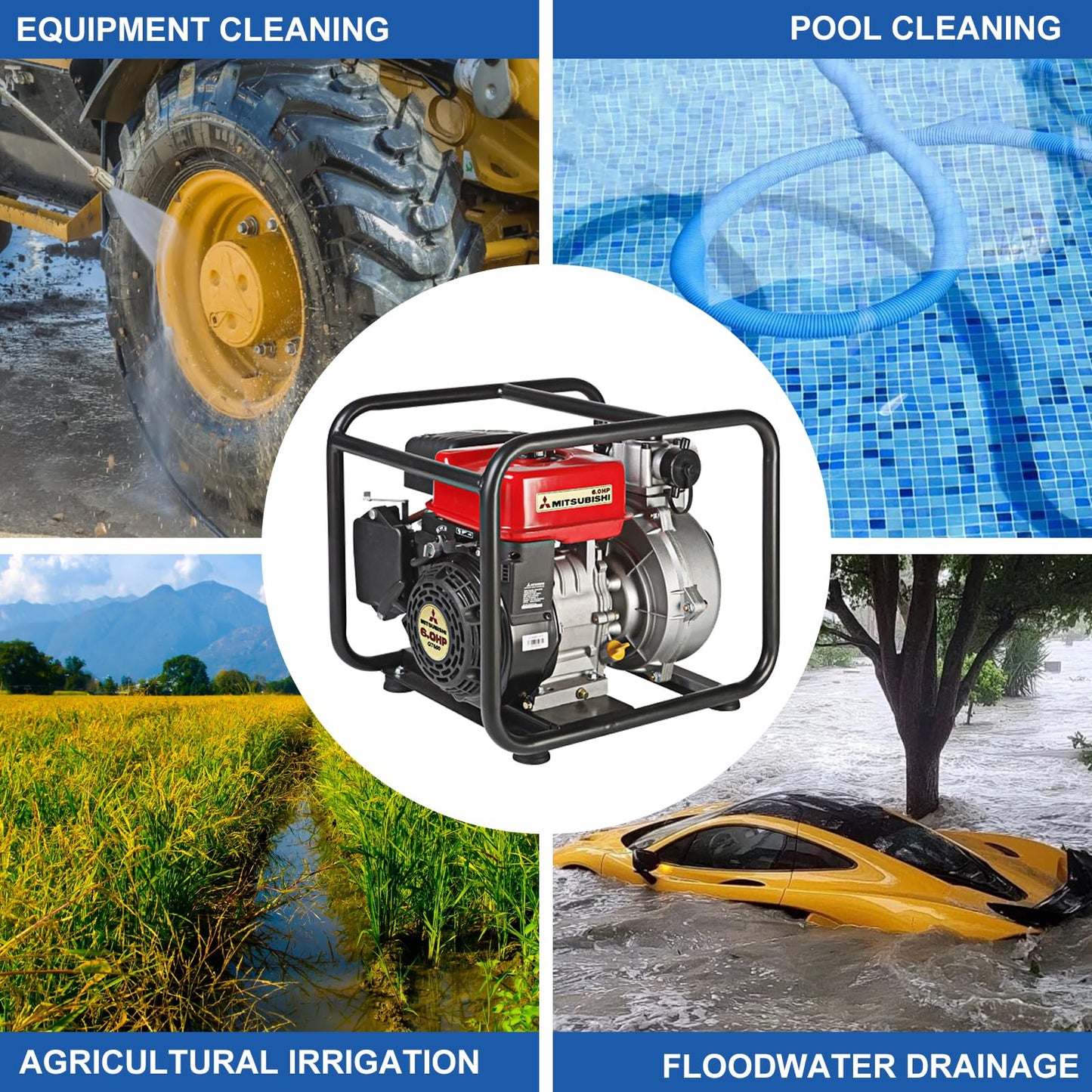 TOOLCY Trash Pump 2 inch with 6HP 181cc 132GPM 4-Cycle Gasoline Engine, Gas Powered Water Triple Outlet (2"/1.5"), Commercial Water Transfer Pump for Long-Distance Irrigation & Sprinkler Systems
