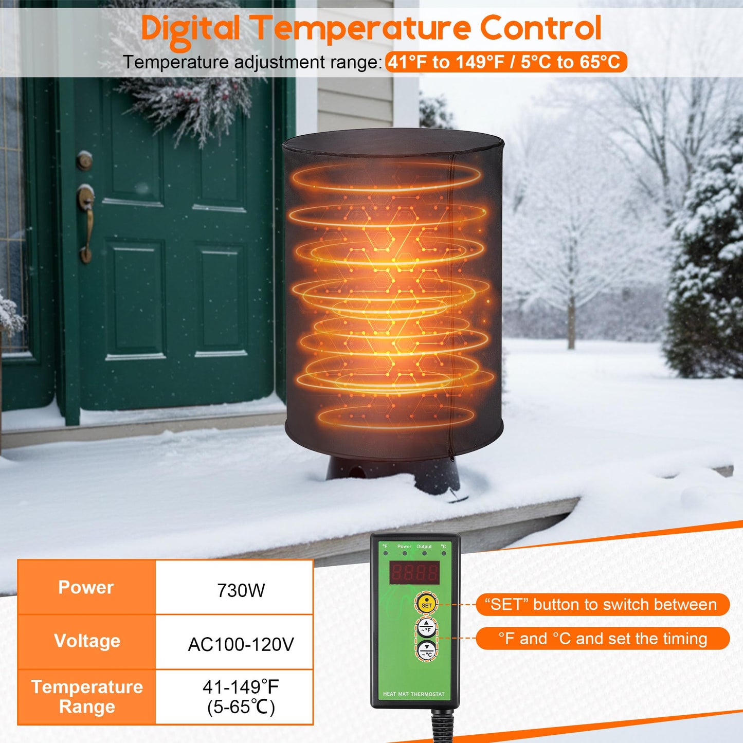 Aurelema Well Pressure Tank Heater Cover with Thermostat, Outdoor Insulated Heating Jacket with Temperature Controller and LED Display, Freeze Protection for Winter Water System (24" Diameter X 34" H)