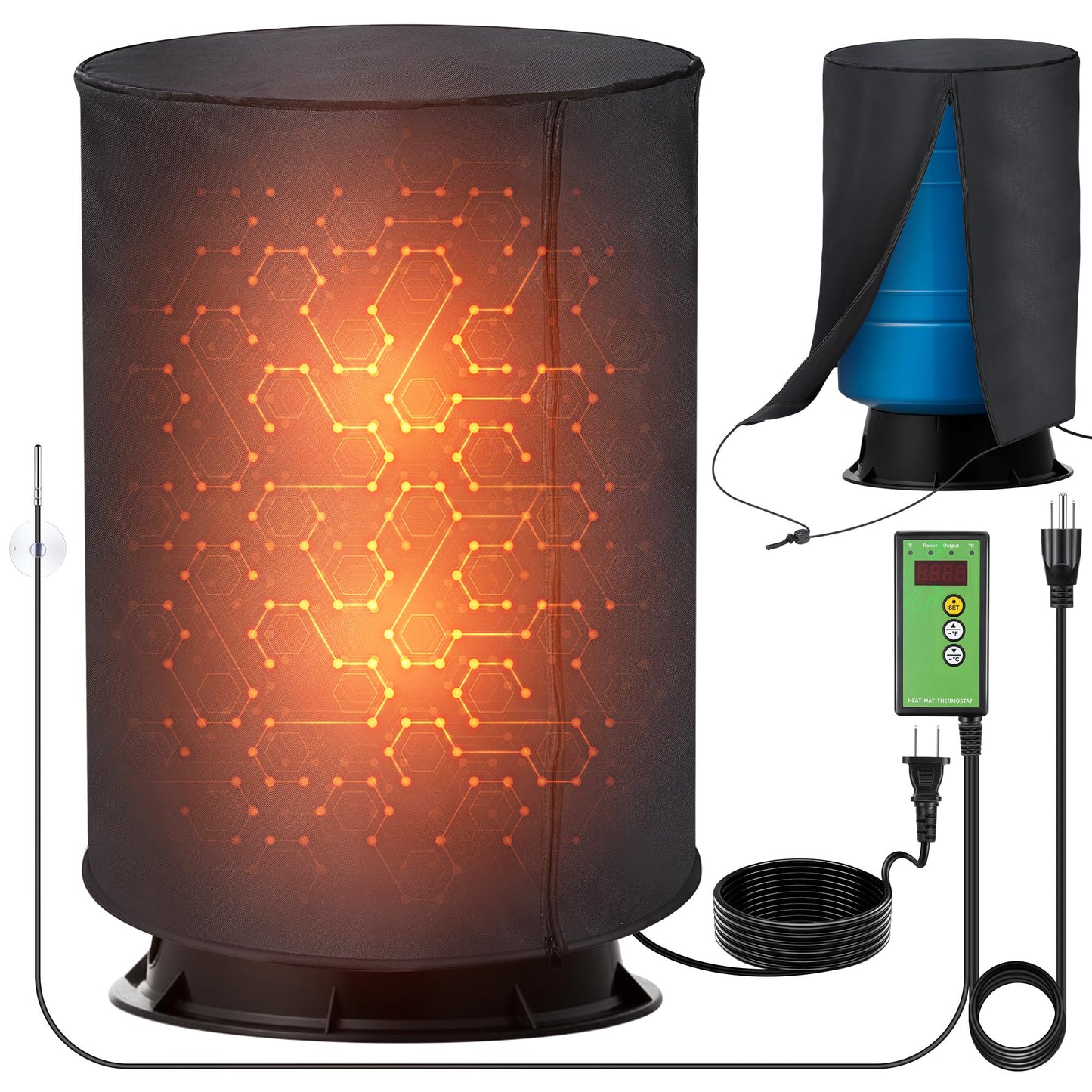 Aurelema Well Pressure Tank Heater Cover with Thermostat, Outdoor Insulated Heating Jacket with Temperature Controller and LED Display, Freeze Protection for Winter Water System (24" Diameter X 34" H)
