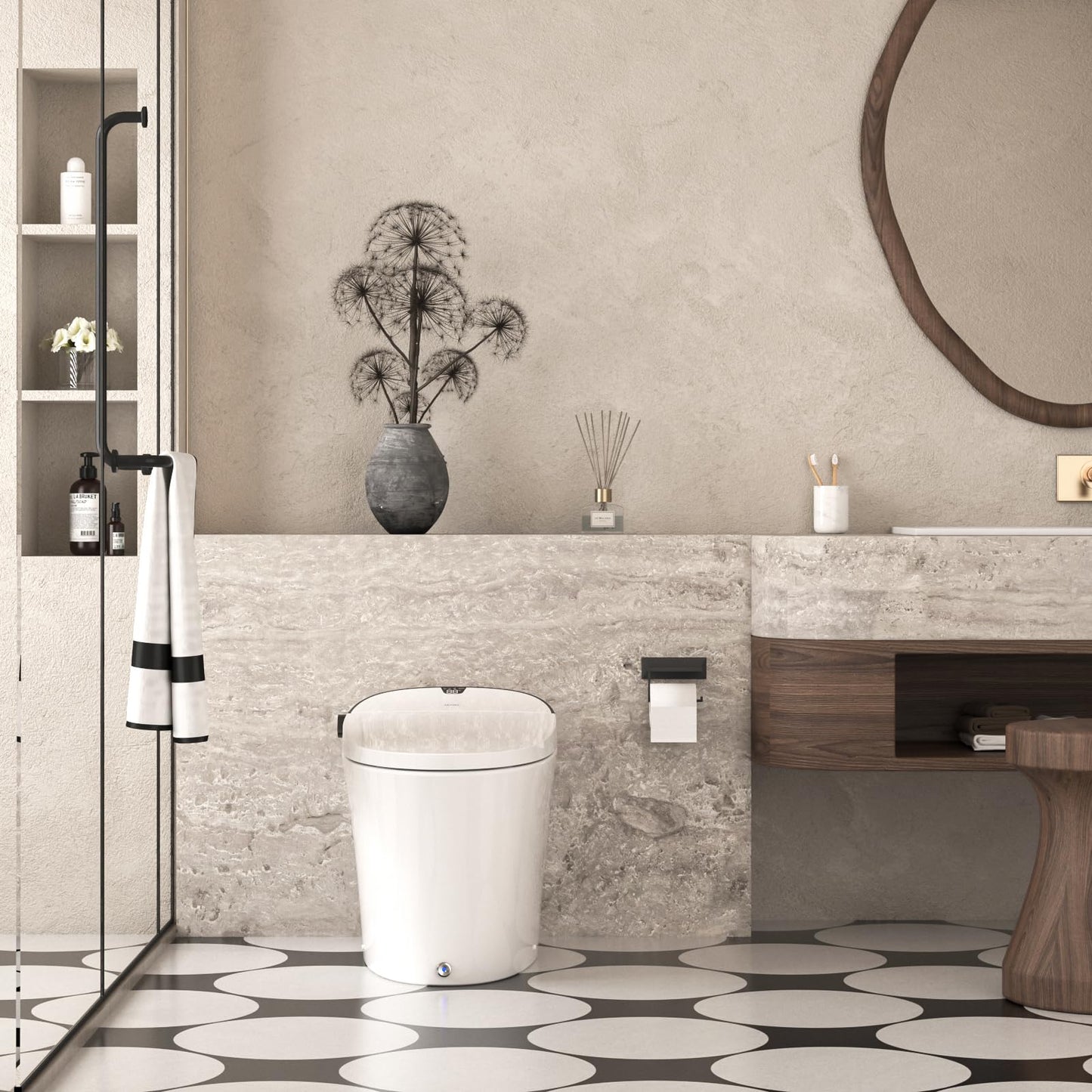 AKNIRL Smart Toilet with Bidet Built in, Luxury Bidet Toilet with Tank, Foam Dispenser for Self-Cleaning Shield, Heated Seat, Instant Warm Water & Dryer, Pump-Assist & Kick Flush, Digital Display